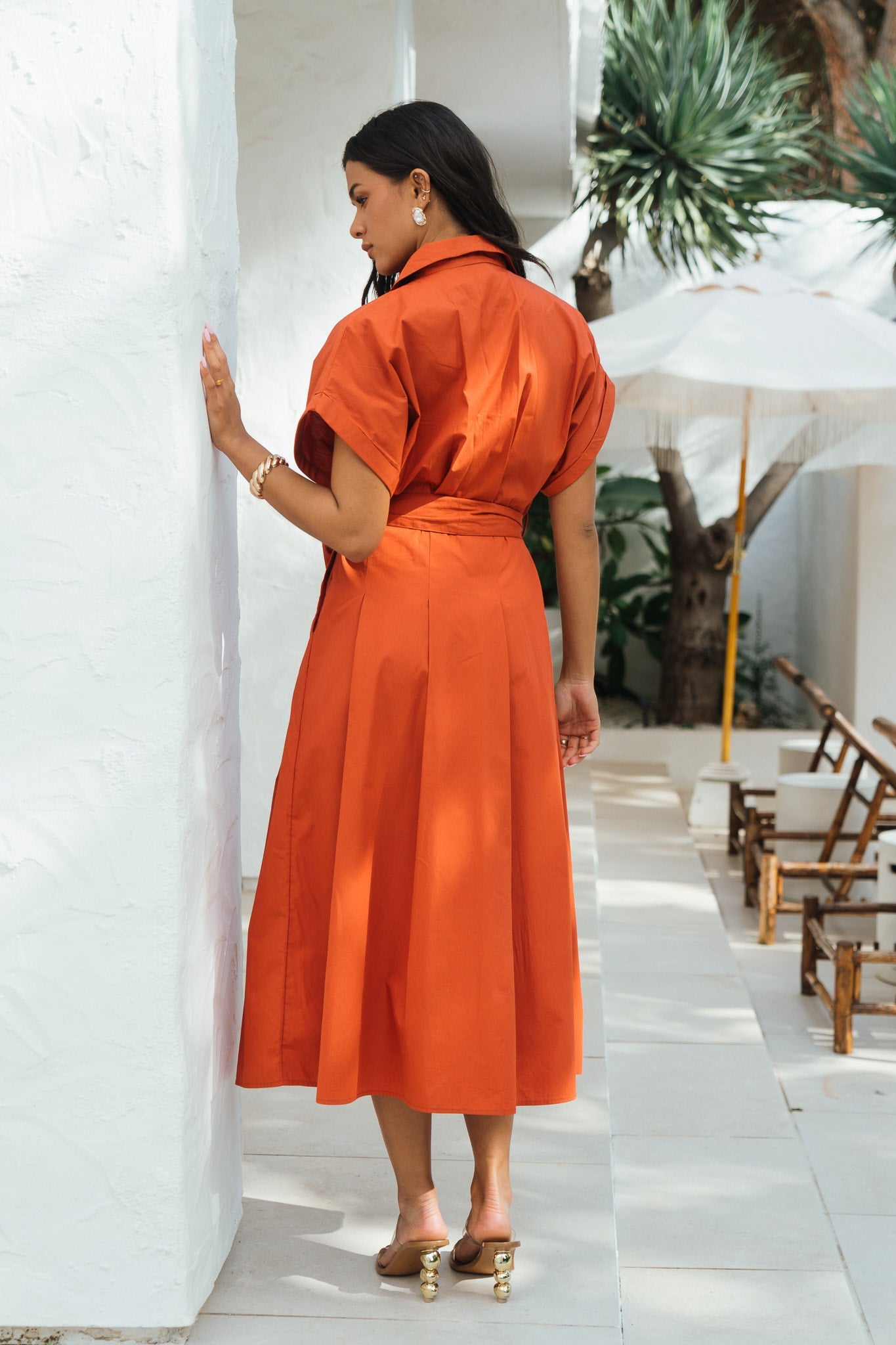 Gini London Rust Cotton Button Through Belted Shirt Dress