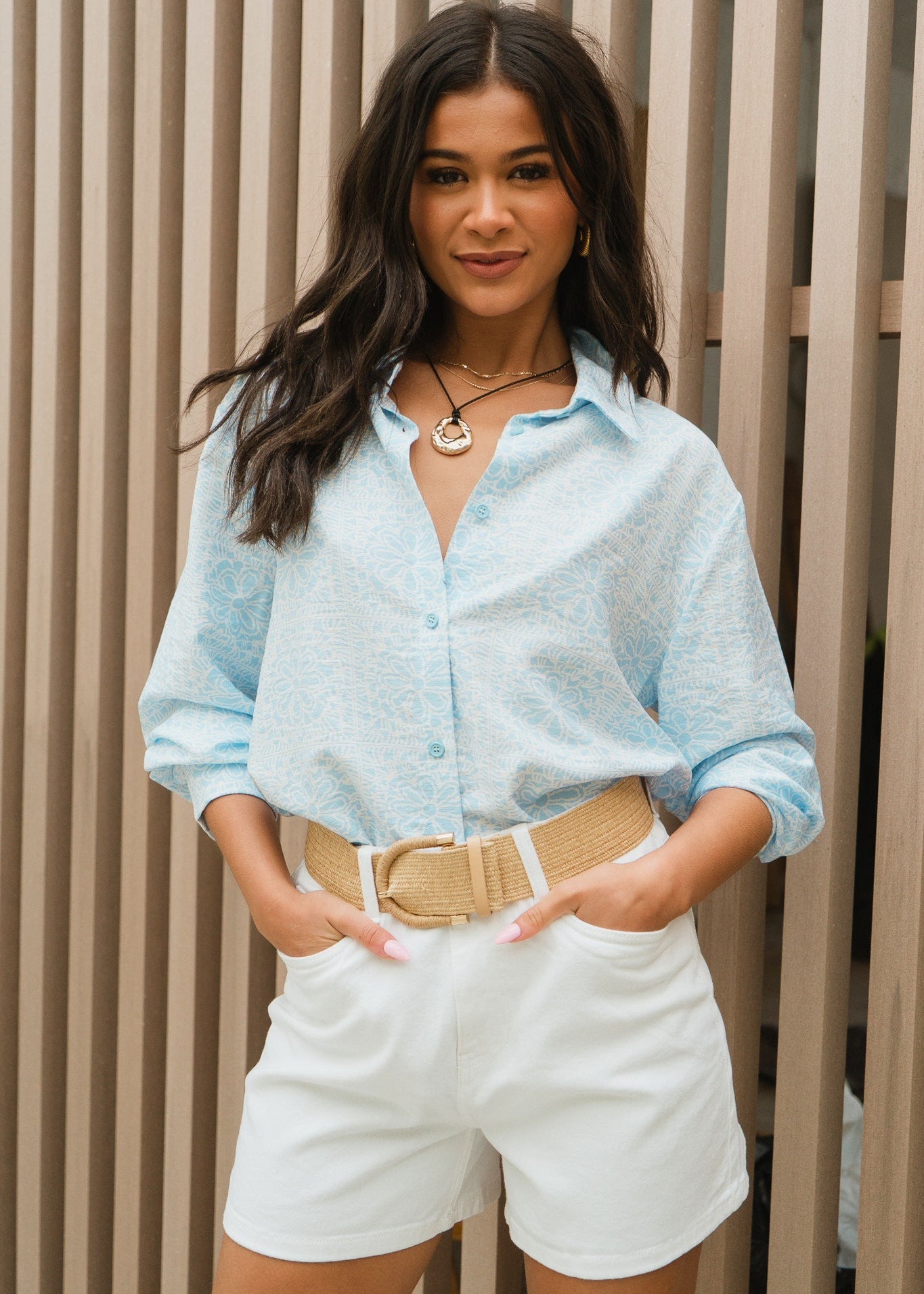Gini London Cotton Mix Blue Tile Print Button-Through Shirt