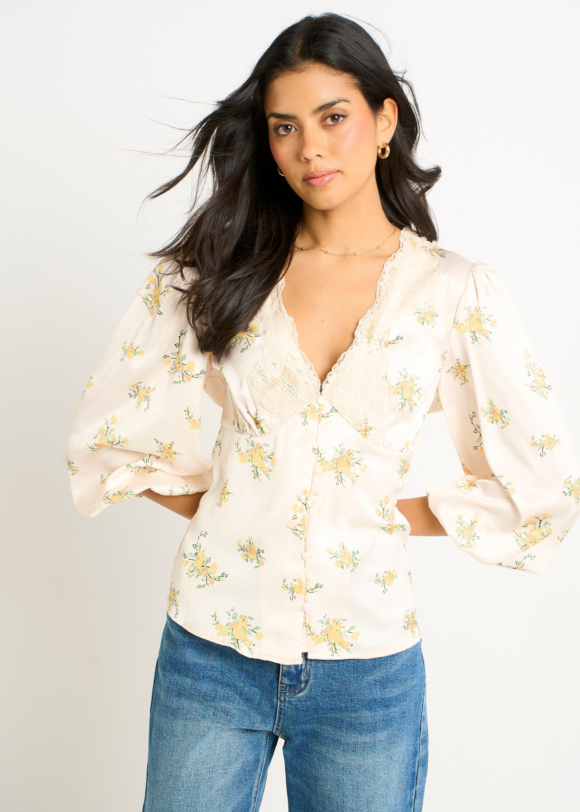 Gini London Cream Lace Trim Satin Button Through Blouse