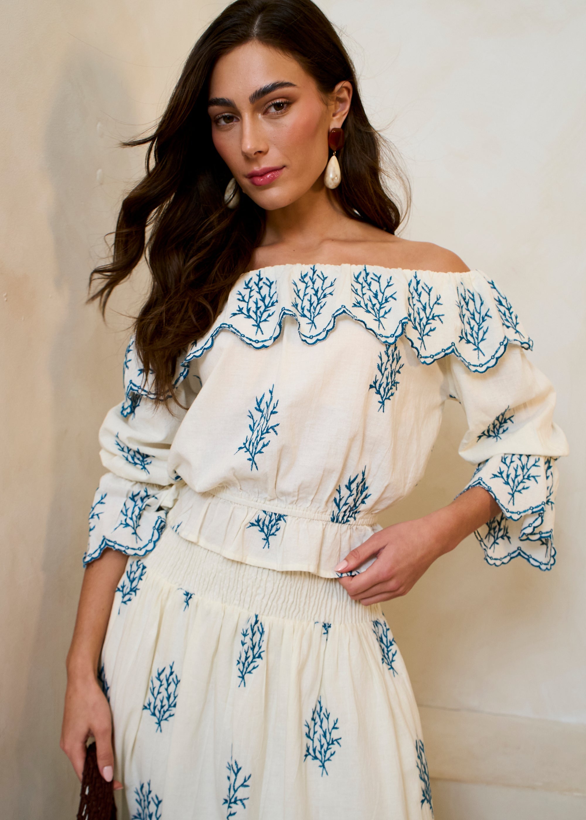 Marshmallow Cotton Embroidered Bardot Top