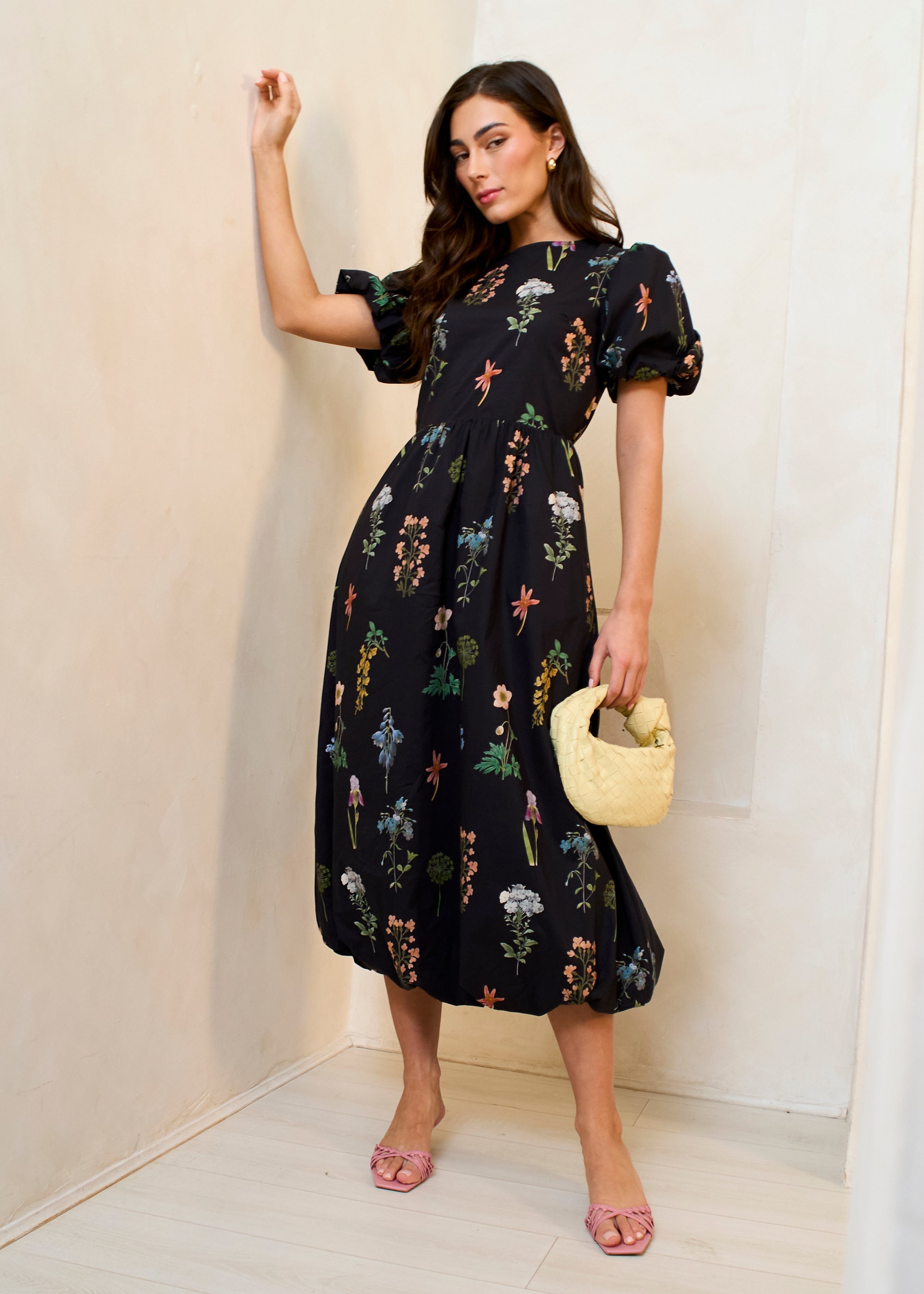 Gini London Navy Cotton Floral Print Puff Ball Midi Dress