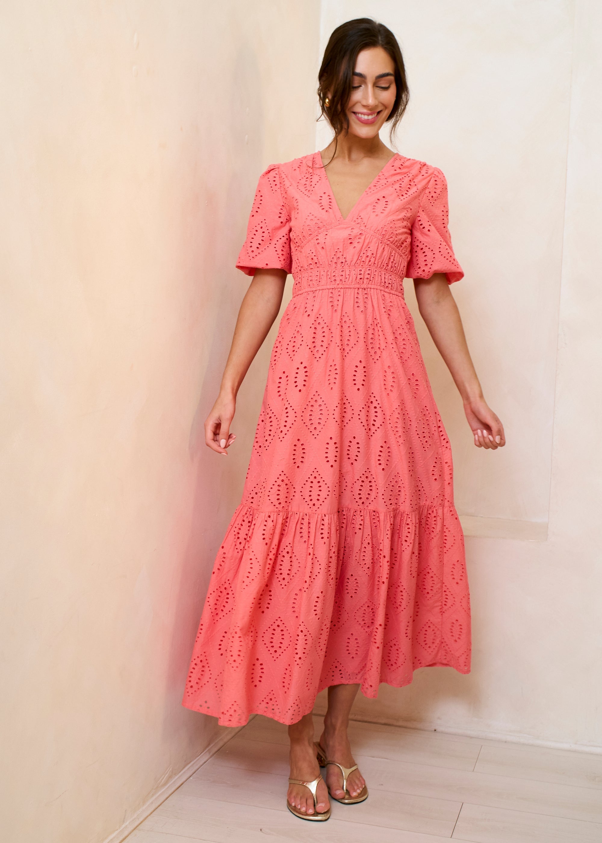 Gini London Coral Diamond Cutwork V Neck Broderie Dress