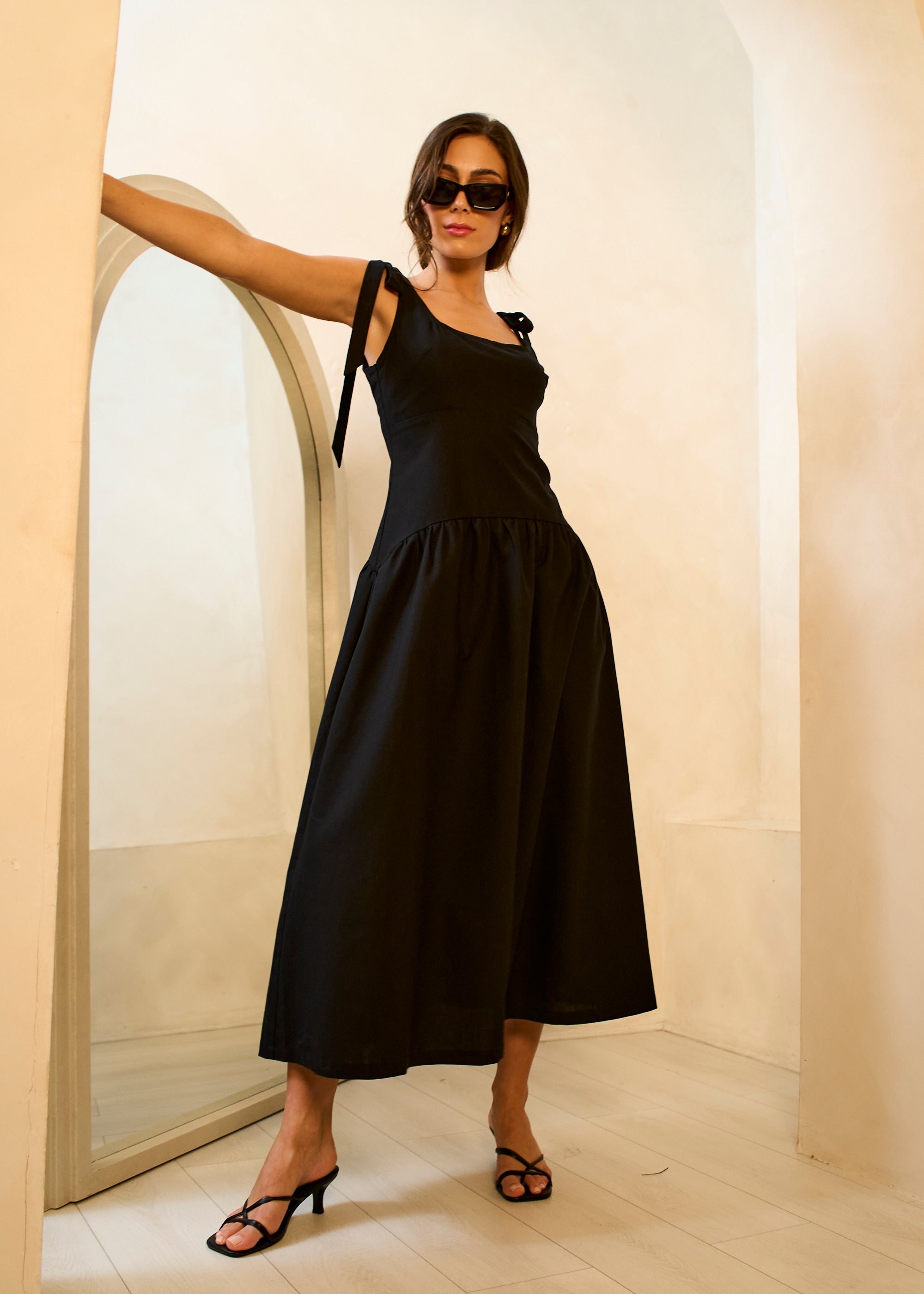 Gini London Black Linen Mix Drop Waist Midi Dress