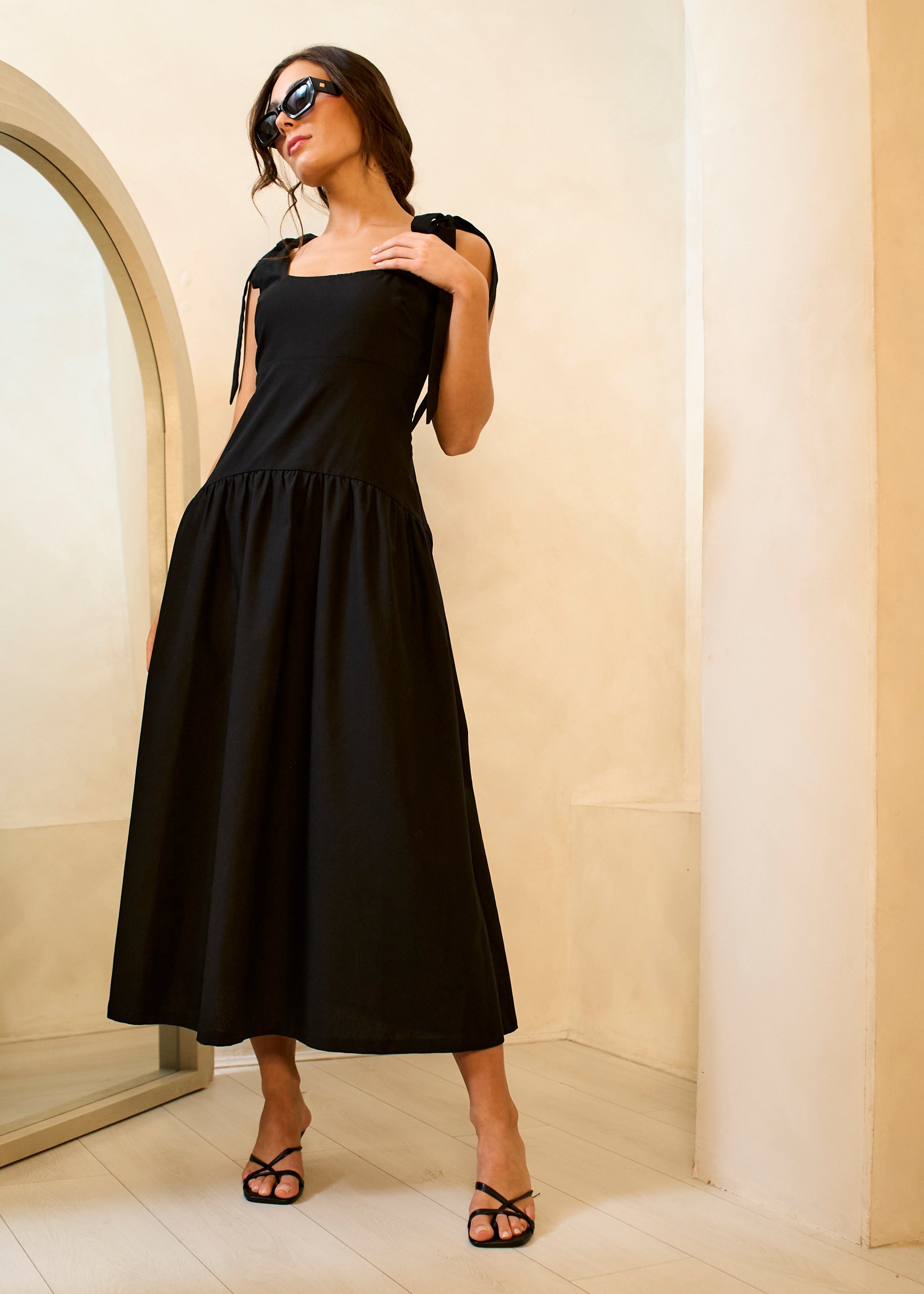 Gini London Black Linen Mix Drop Waist Midi Dress
