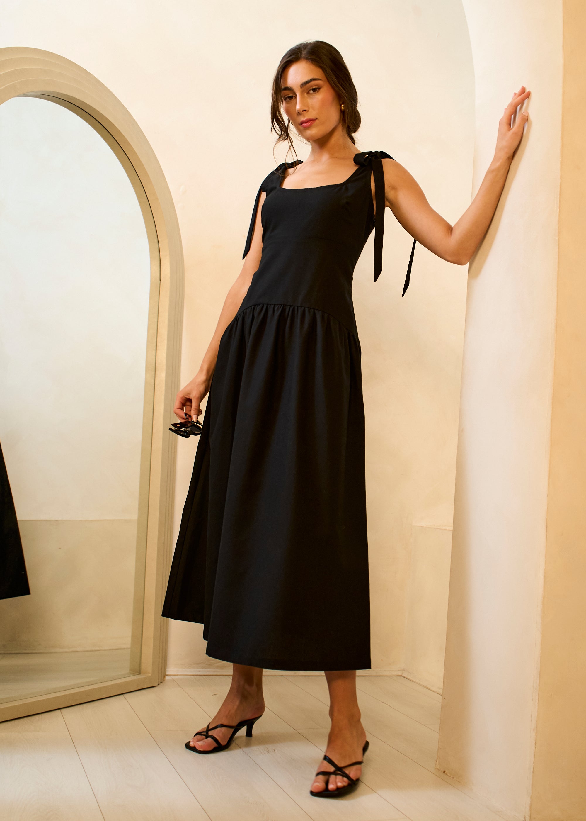 Gini London Black Linen Mix Drop Waist Midi Dress