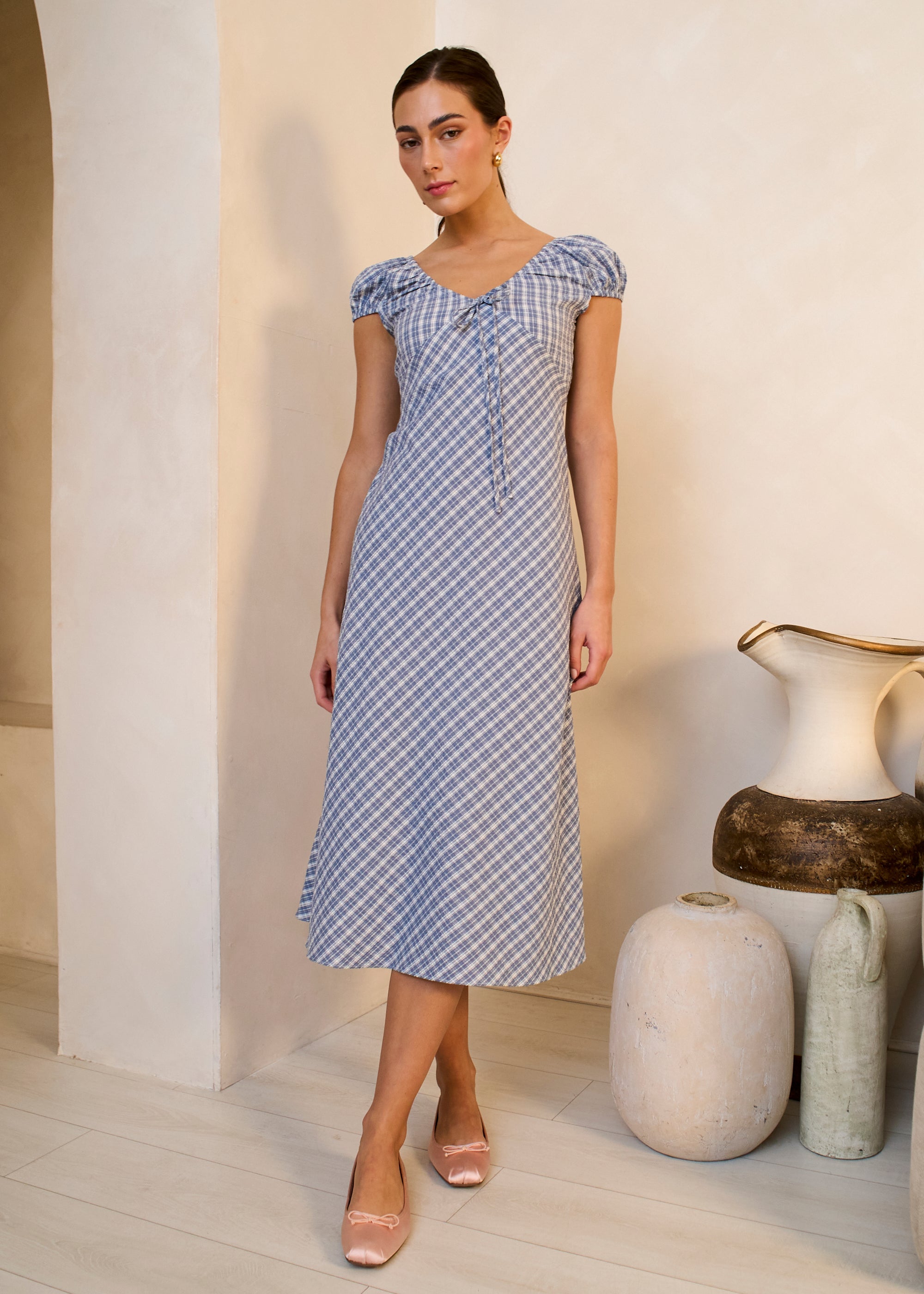 Gini London Blue V Neck Textured Gingham Midi Dress