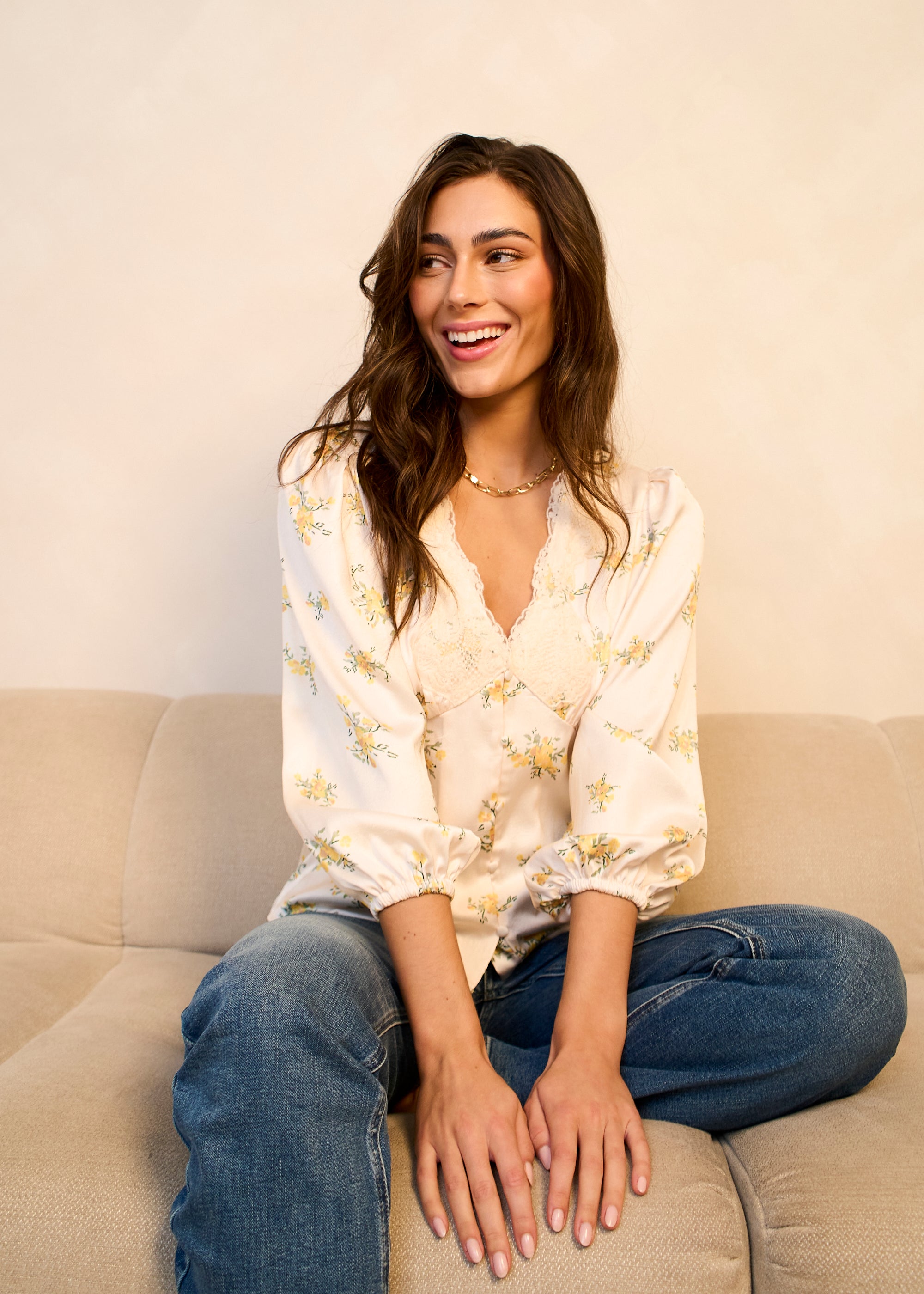 Gini London Cream Lace Trim Satin Button Through Blouse