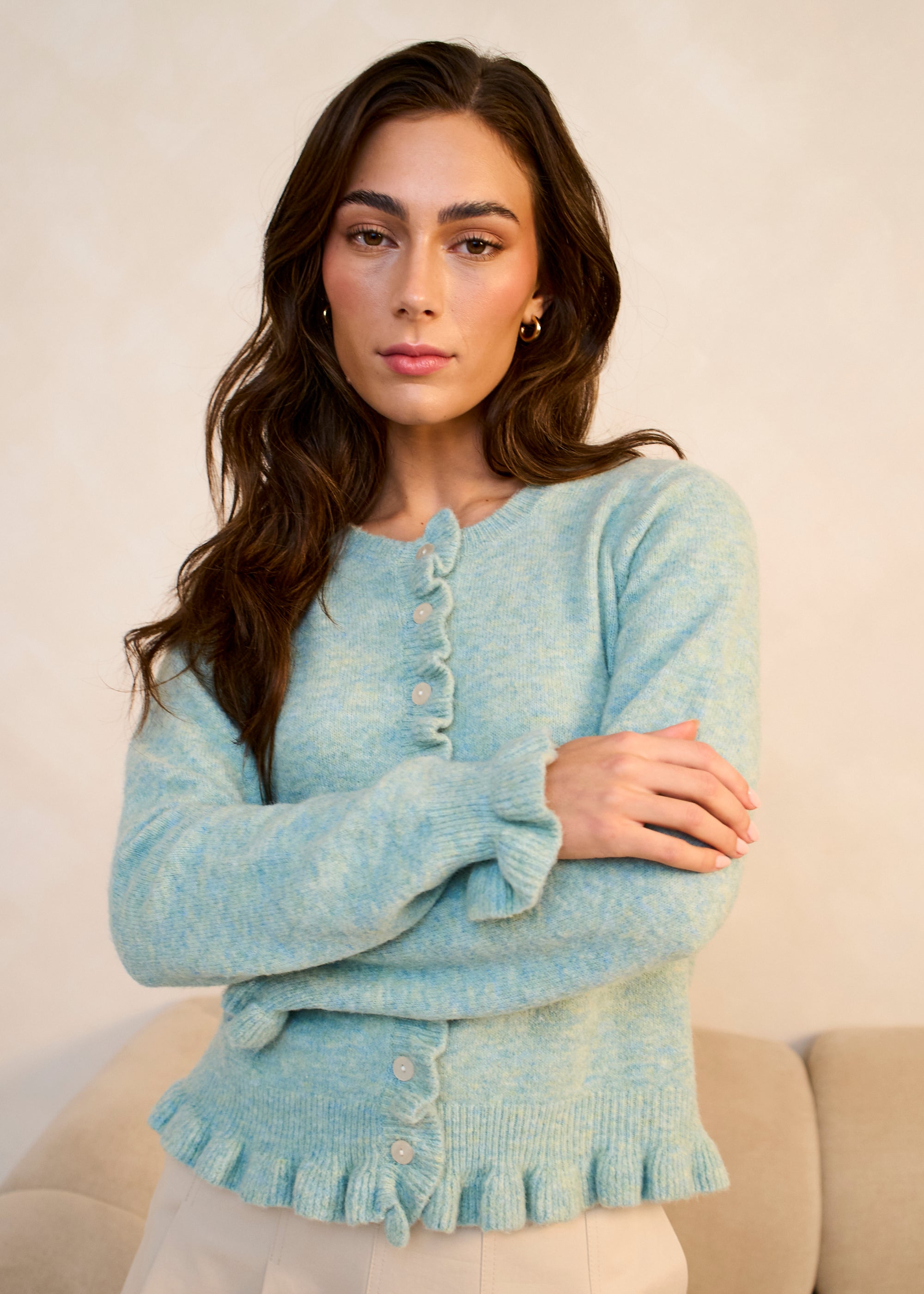 Gini London Green Long Sleeve Ruffle Front Cardigan