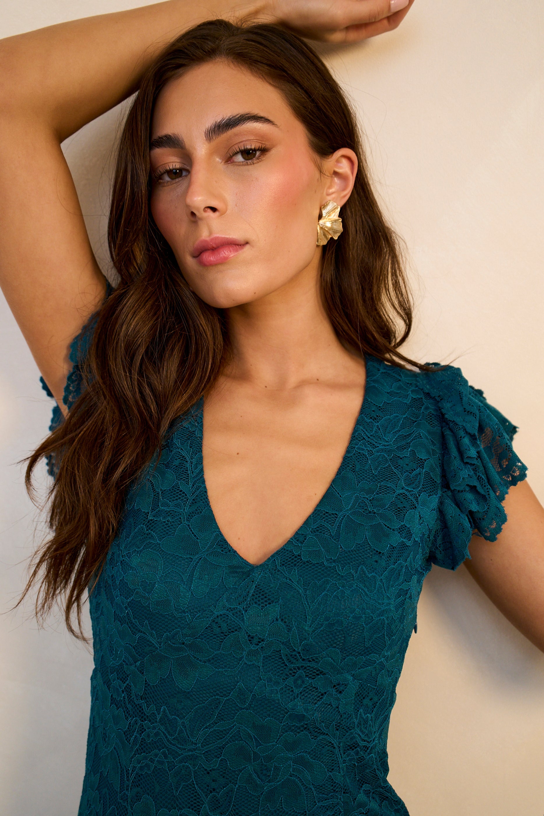 Gini London Teal Jersey Lace V Neck Ruffle Maxi Dress