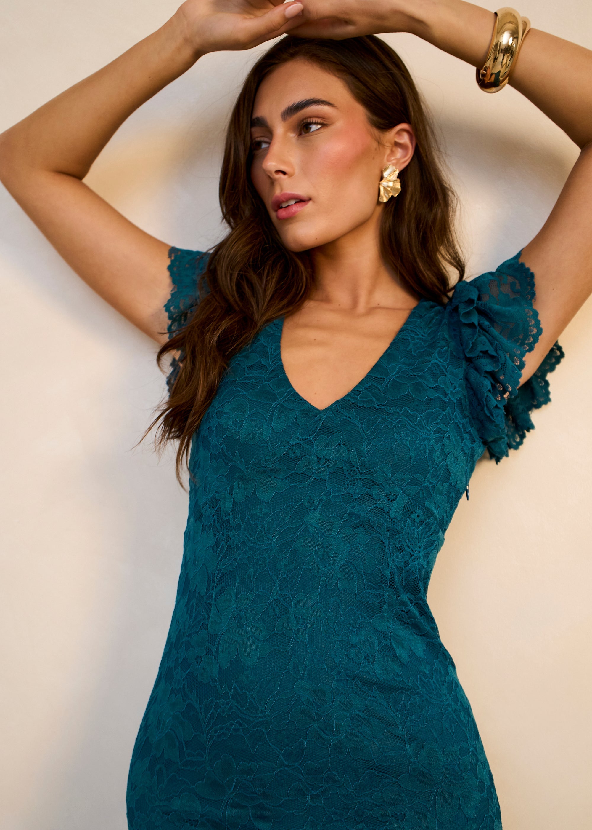 Gini London Teal Jersey Lace V Neck Ruffle Maxi Dress