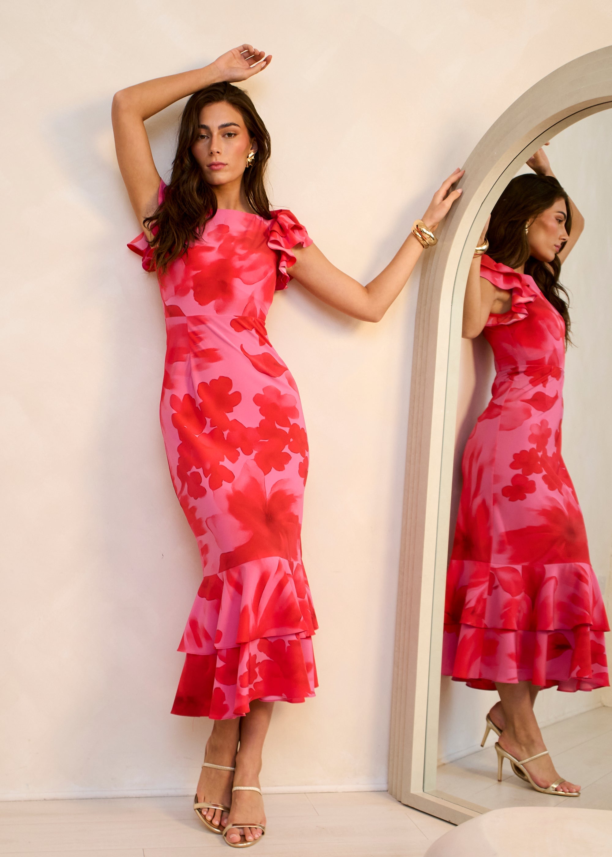 Gini London Pink Watercolour Floral Print Ruffle Midaxi Dress