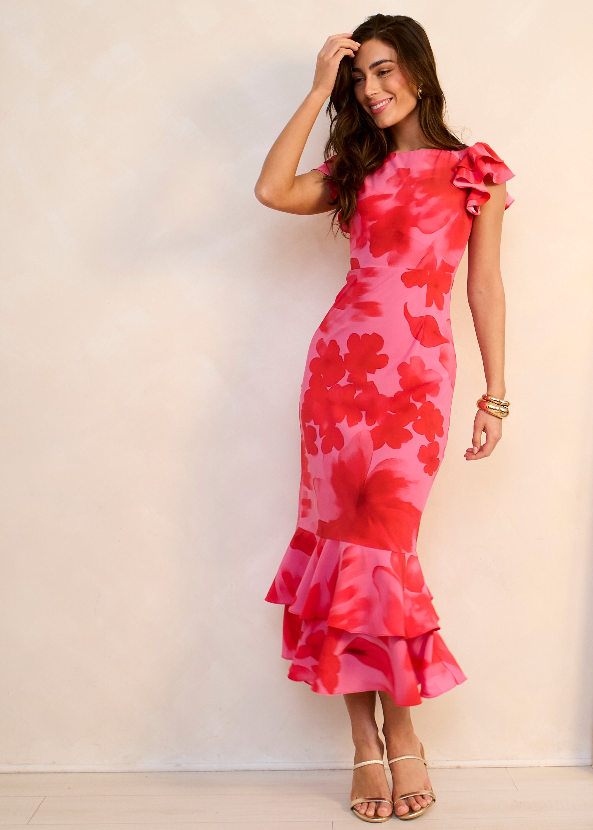 Gini London Pink Watercolour Floral Print Ruffle Midaxi Dress