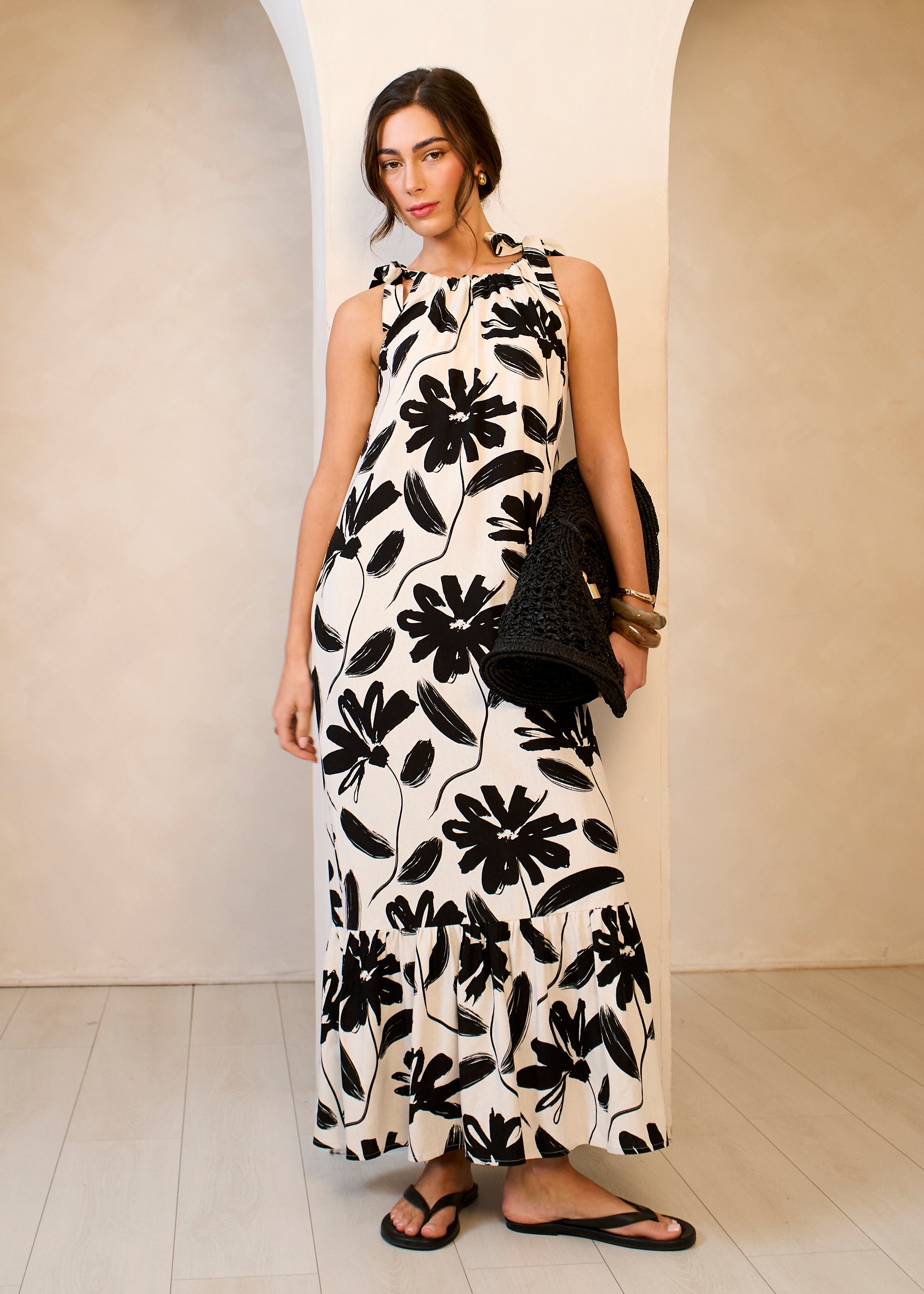 Gini London Mono Stencil Linen Mix Belted Trapeze Dress