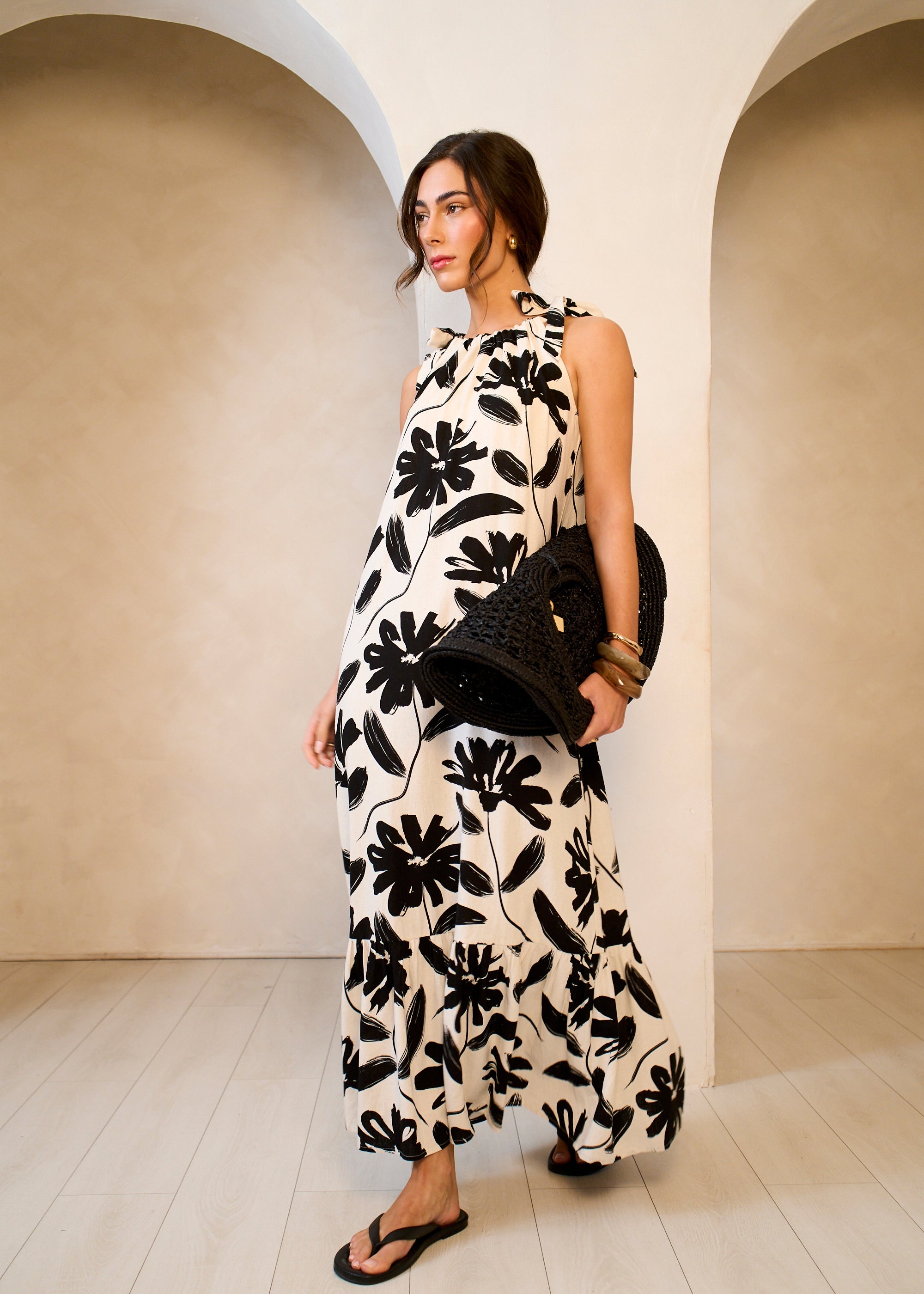Gini London Mono Stencil Linen Mix Belted Trapeze Dress