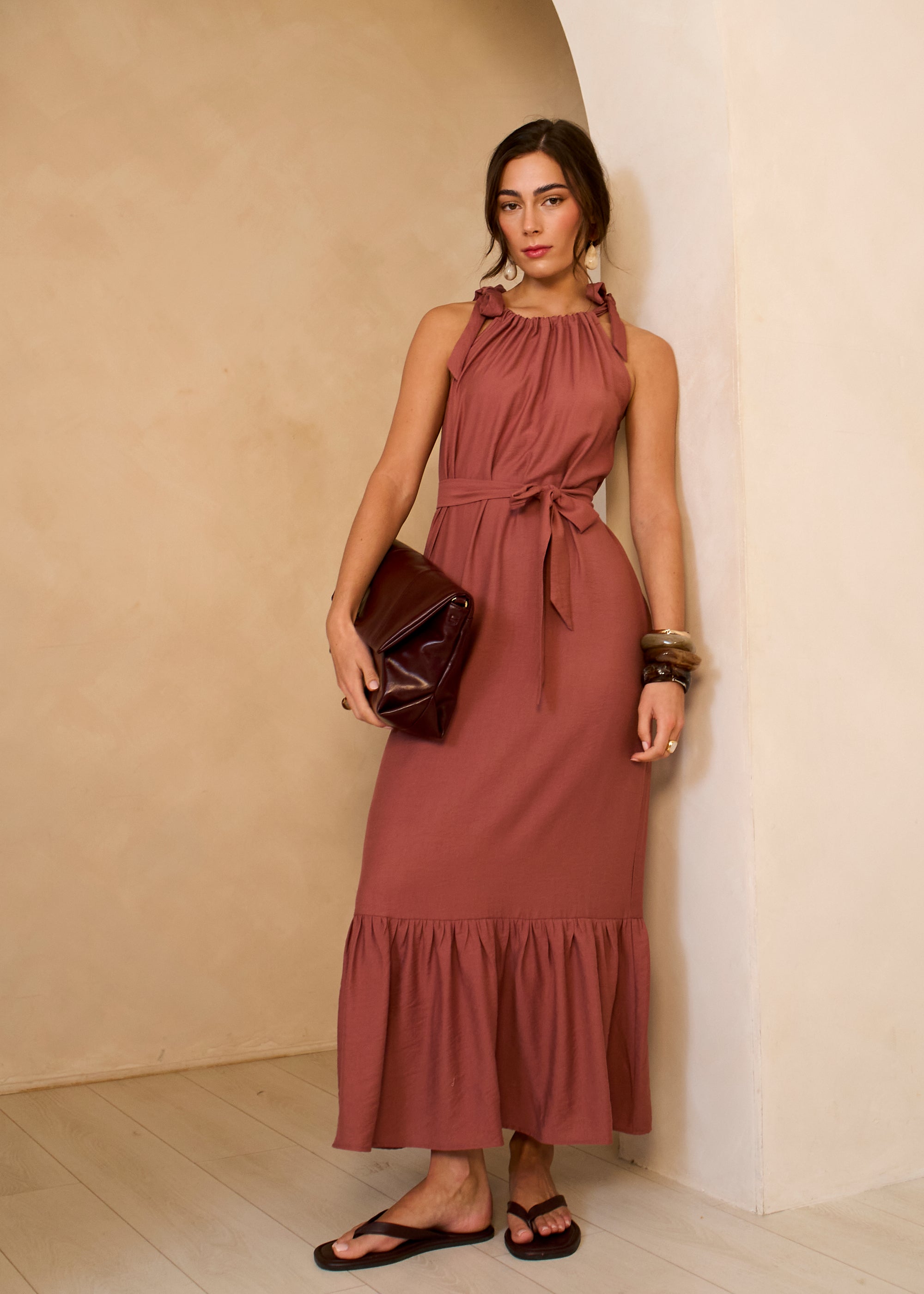 Gini London Rust Tie Shoulder Trapeze Maxi Dress