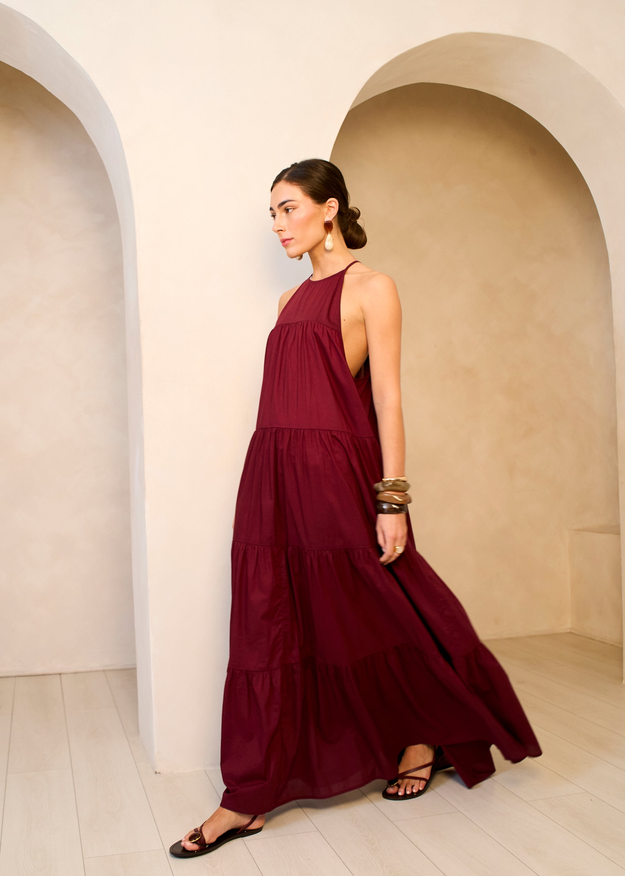 Gini London Mulberry Tiered Halter Maxi Trapeze Dress