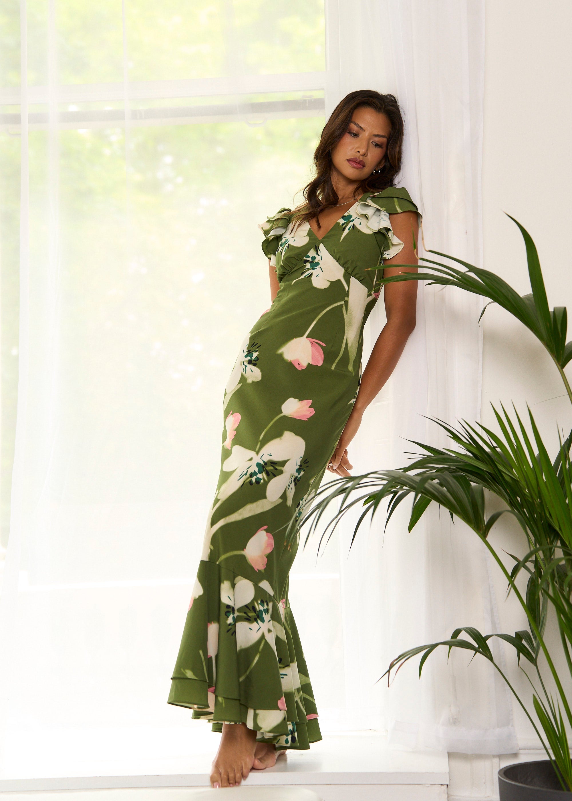 Gini London Green Floral Ruffle Maxi Dress