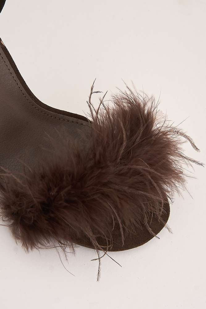 Margot Feathered Trim Band Slingback Heeled Sandals in Brown