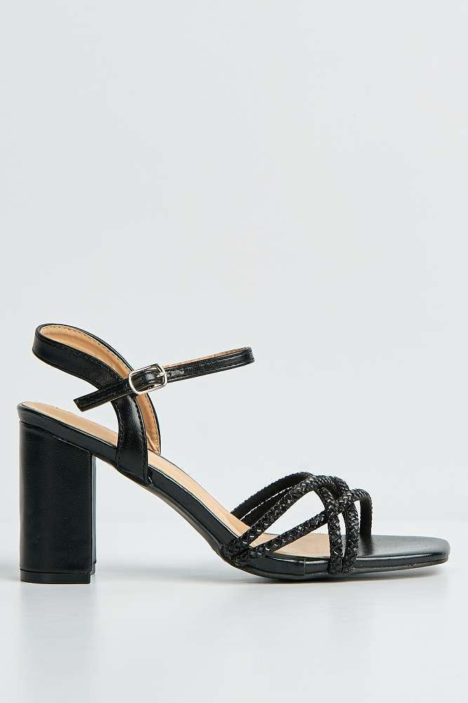 Indie Diamante Criss-Cross Strap Block Heel Sandals in Black