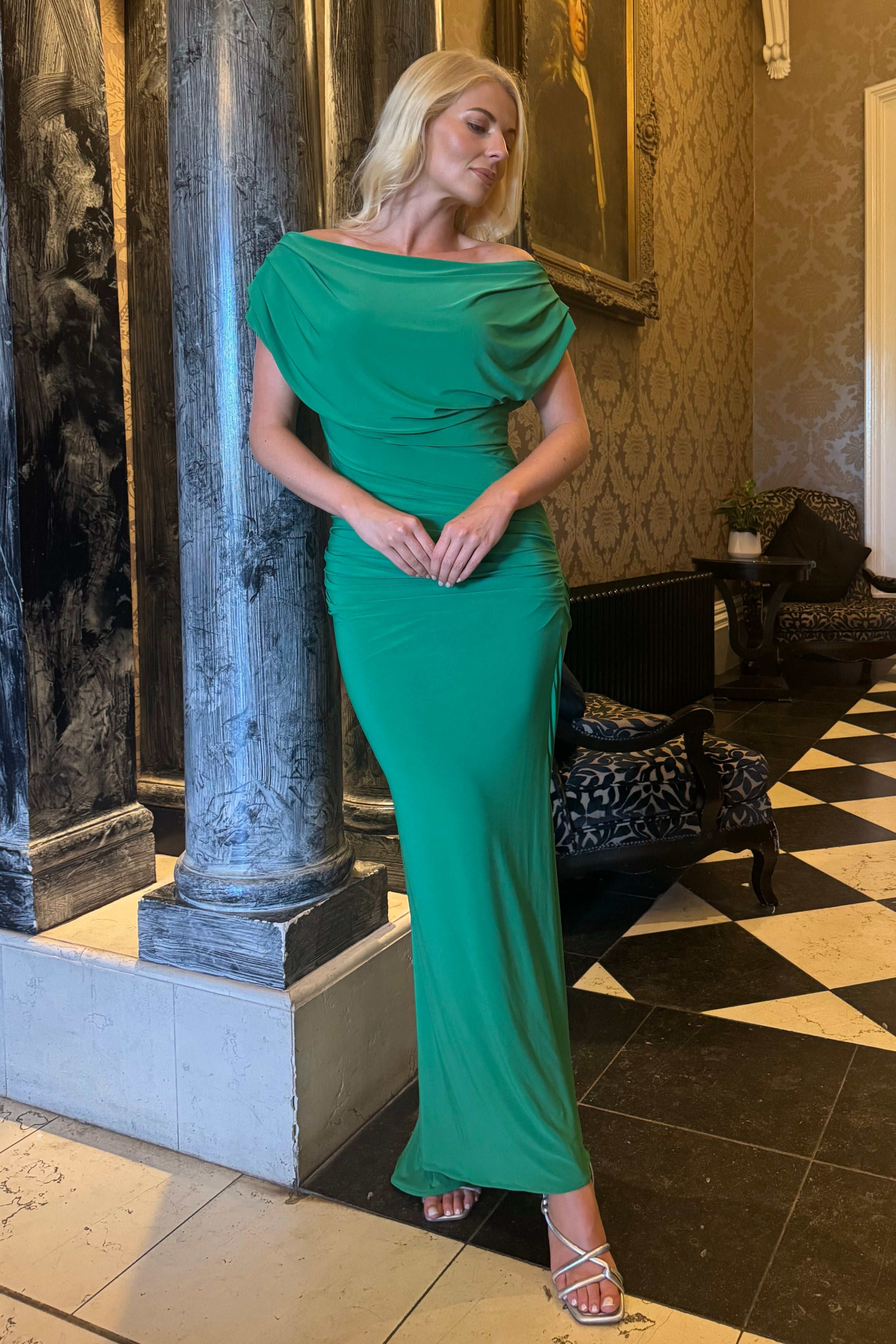 Platinum gown in emerald green