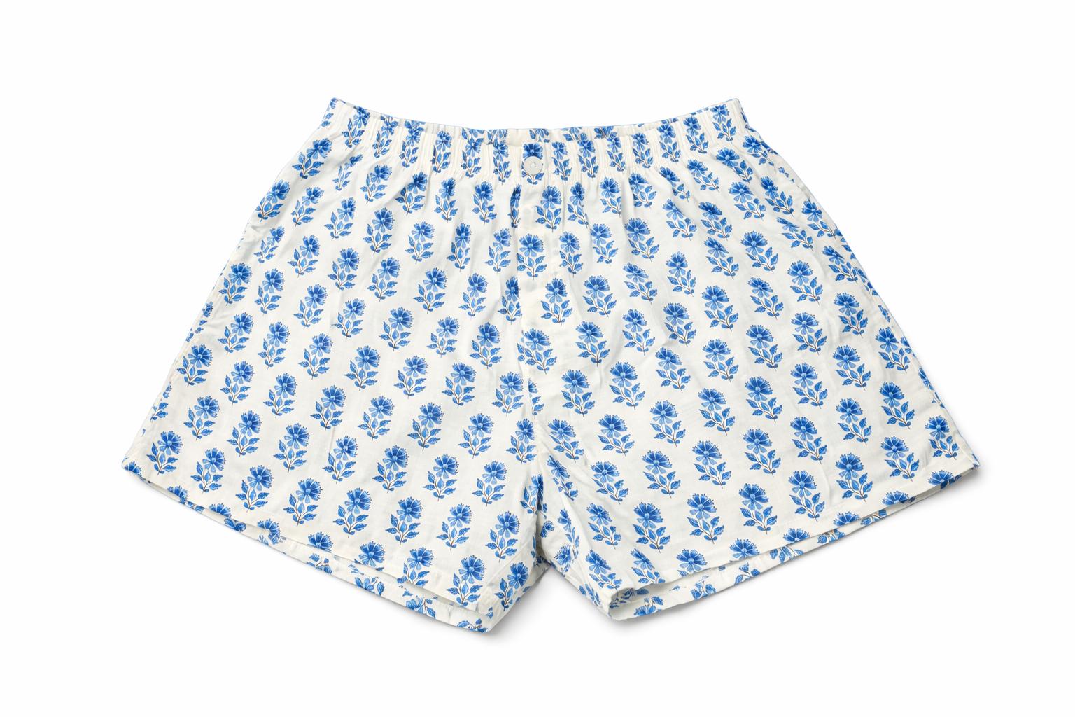 Soul Of Sita Woodblock Blue Floral Cotton Lounge Shorts