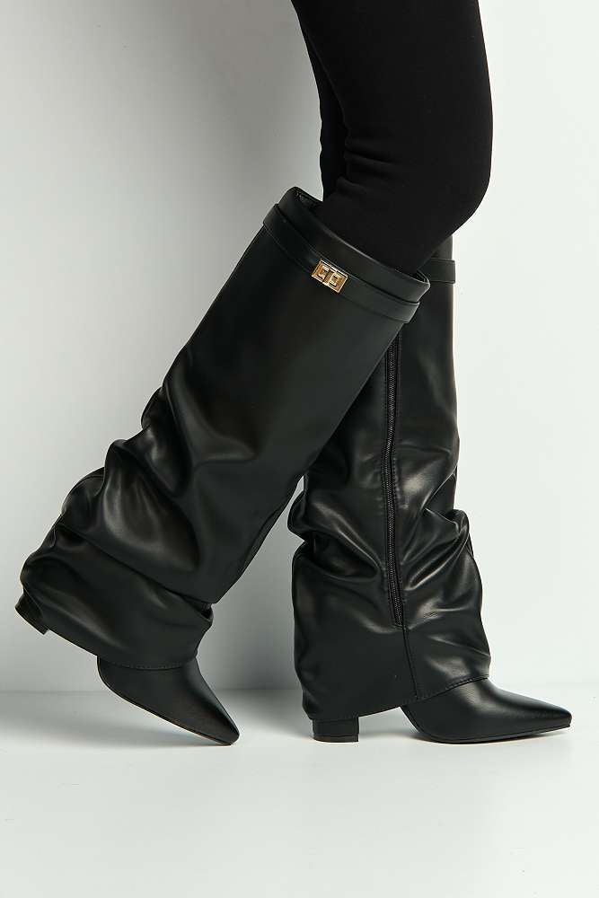 Miss Diva Black Izel Block Heel Pointy Toe Gold Trim Boots