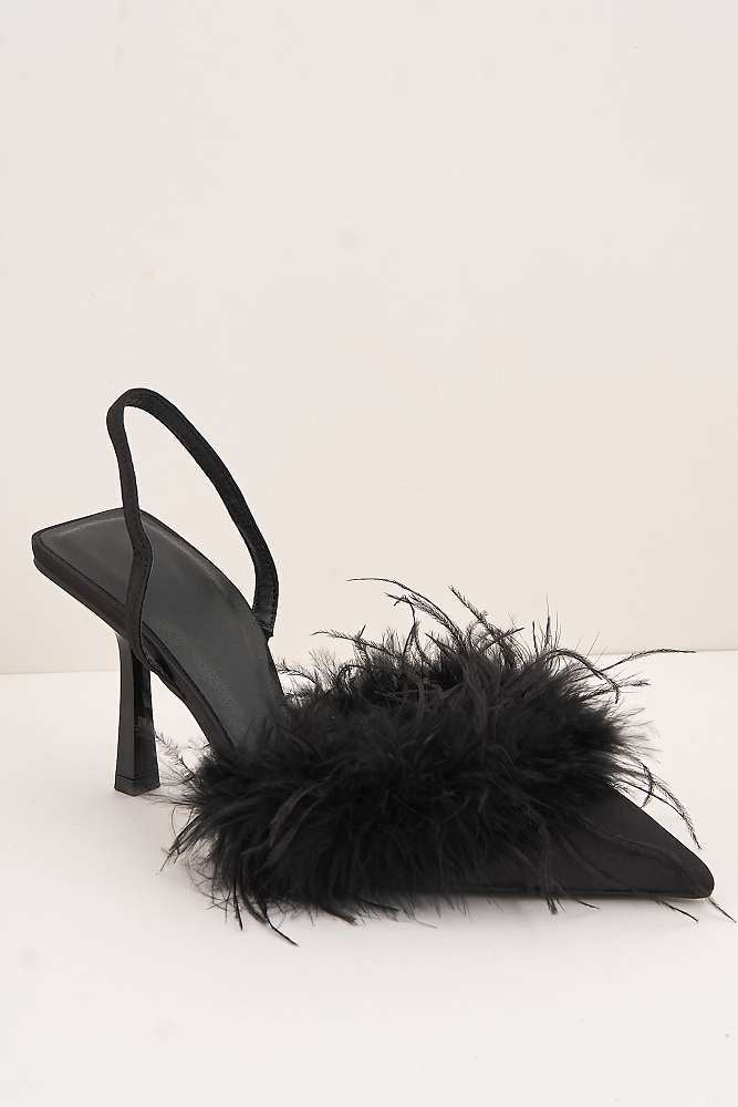 Aisla Pointed Toe Feather Slingback Court Shoes in Black