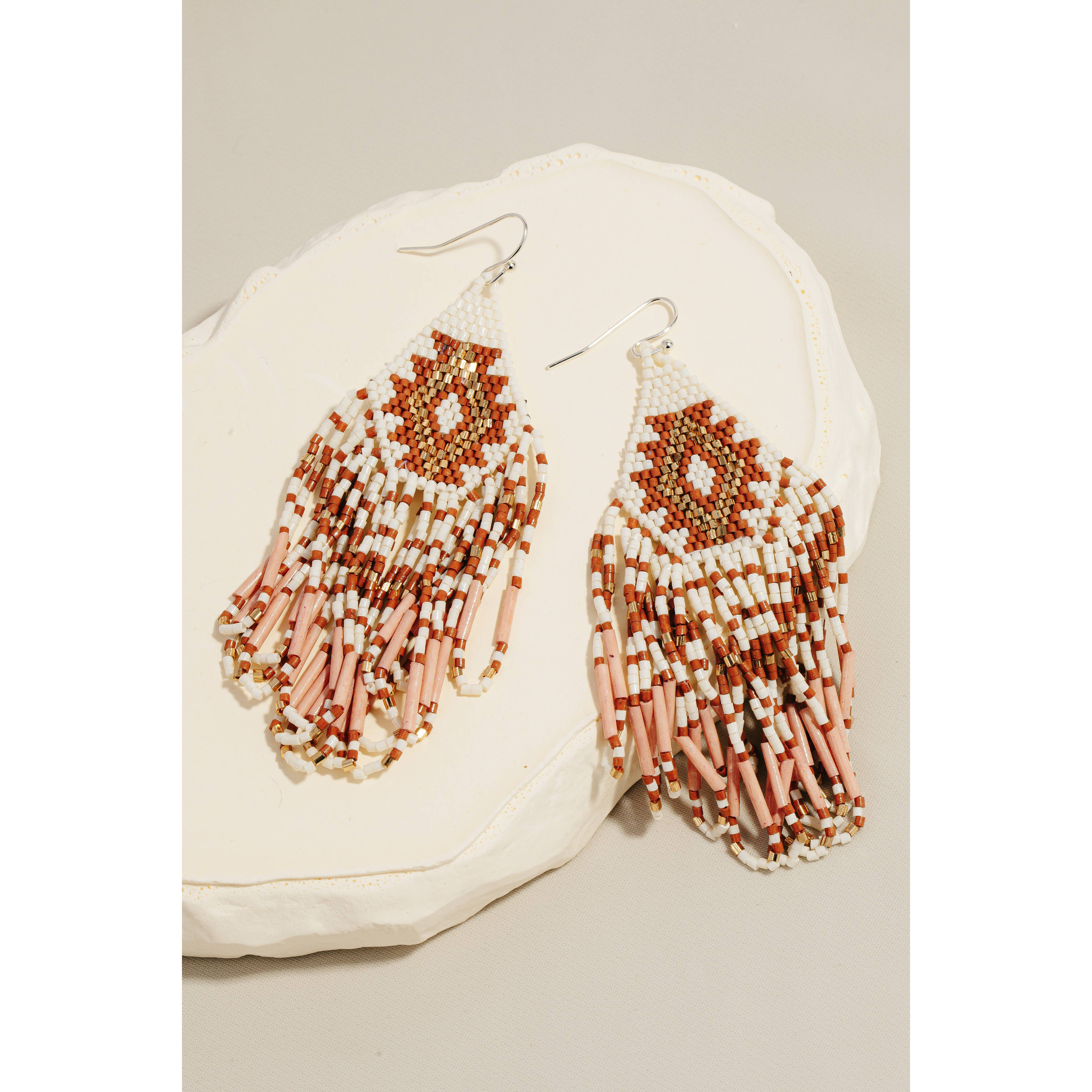Soul Of Sita Triangular Boho Seed Beaded Fringe Dangle Earrings: Shp