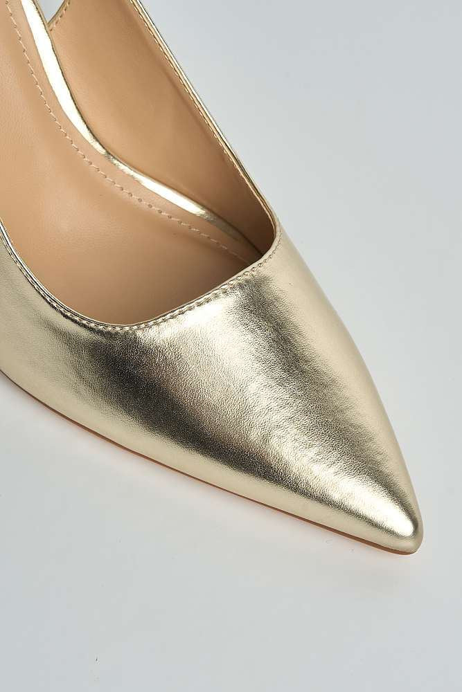 Kayra Pointed Toe Slingback Block Heel Court Shoes in Gold