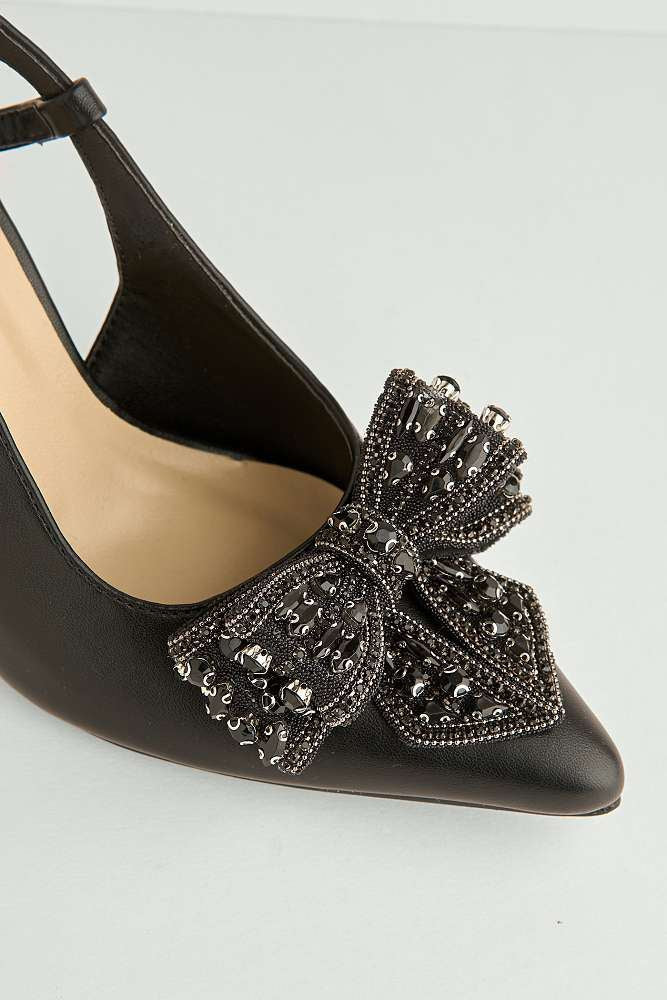 Celia Diamante Bow Pointed Toe Slingback Court Shoes in Black