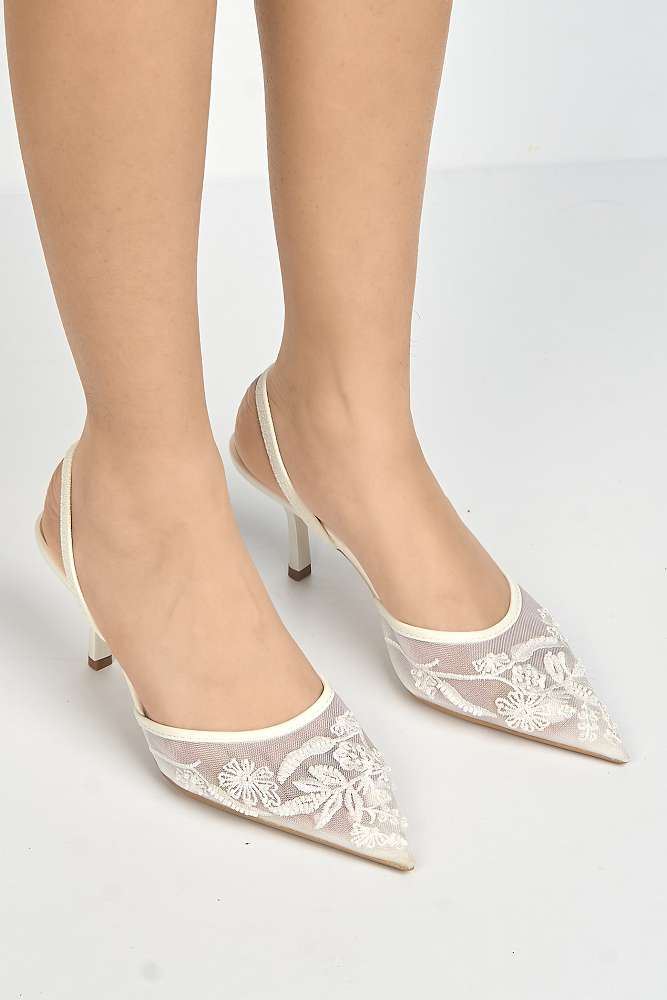 Miss Diva Romina Bead Embellished Mesh Slingback Court Shoes in White