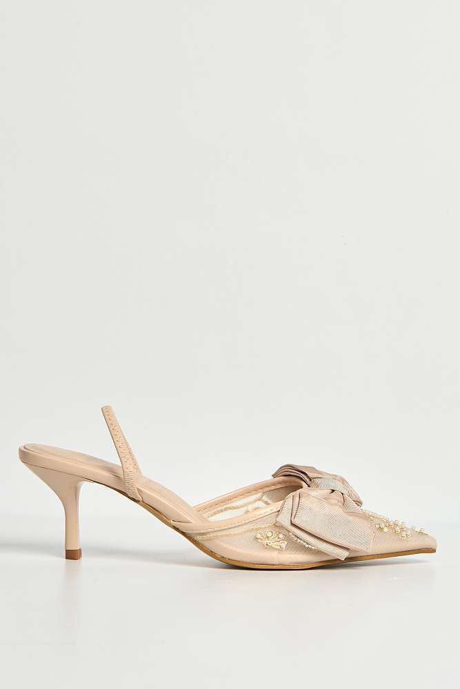 Seren Embellished Mesh and Bow Slingback Court Shoes in Beige