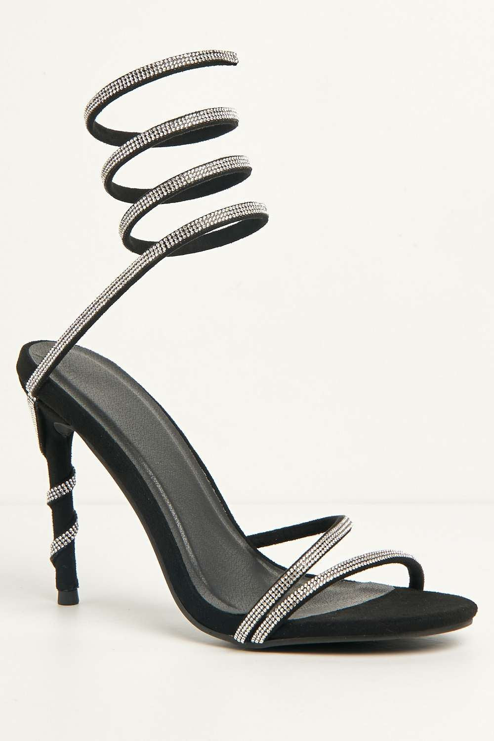 Miss Diva Curly Diamante Embellished Spiral Ankle Strap Sandals in Black Suede