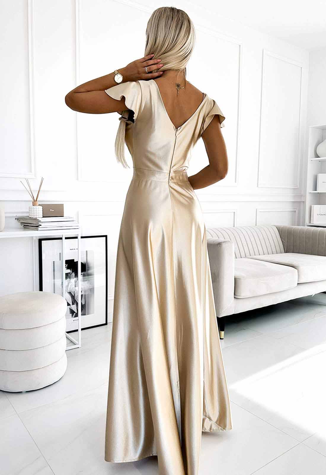 LBD Exclusive Gold Satin Crystal Maxi Dress