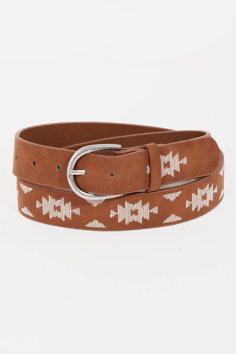 Western Boho Embroidered Pattern Vegan Leather Belt: IV