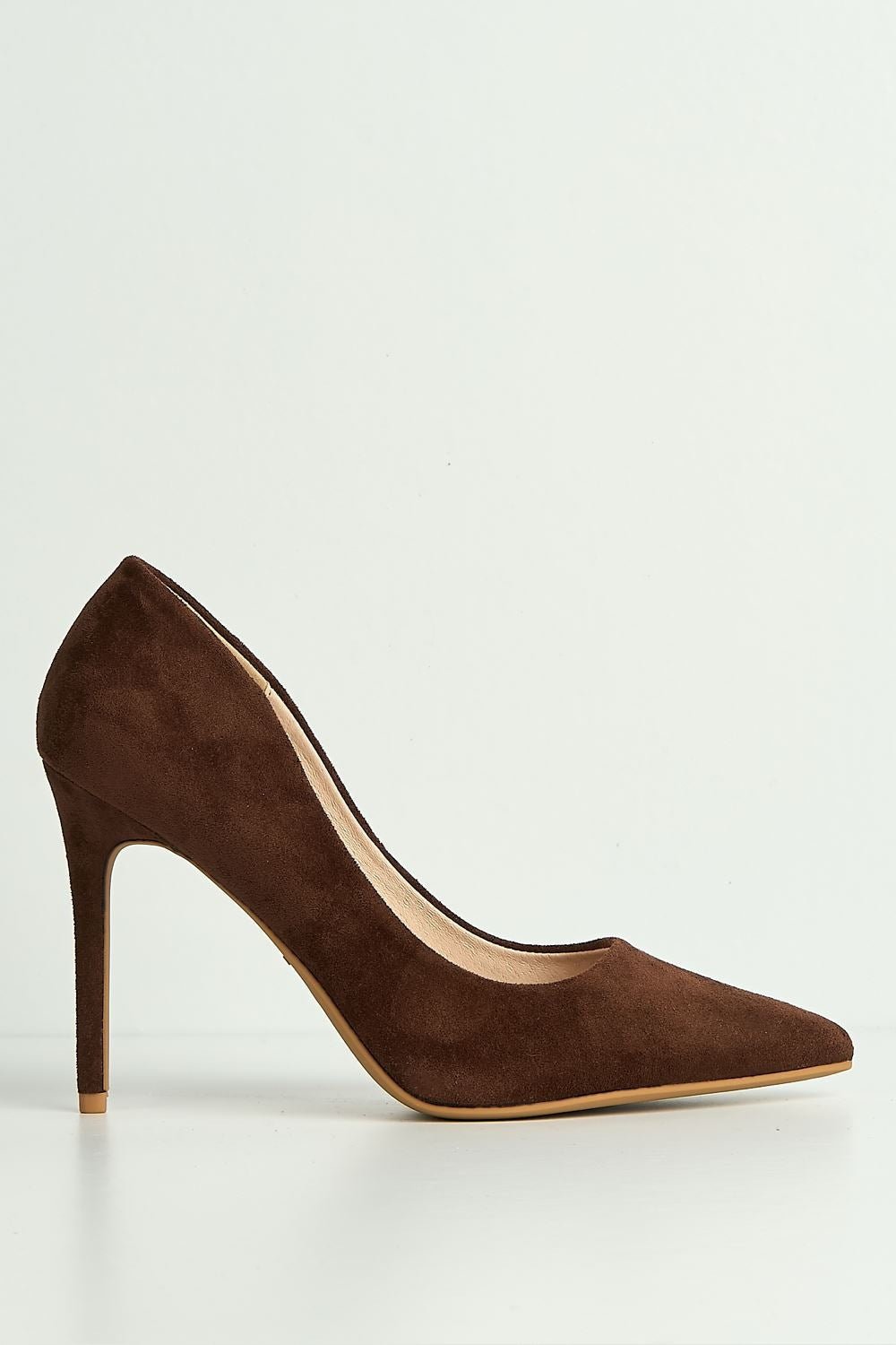 Miss Diva Chocolate Mila High Stiletto Faux Suede Heel Court Shoe