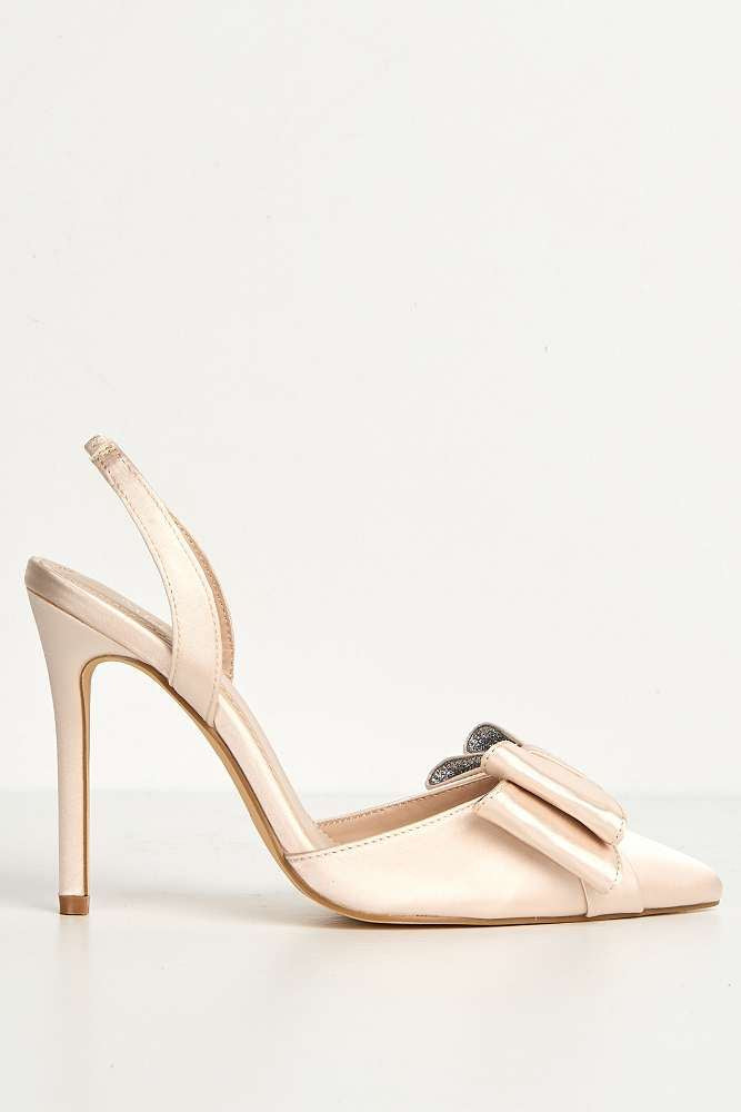 Salwa Pointy Toe Bow Slingback Court Shoes in Champange Satin