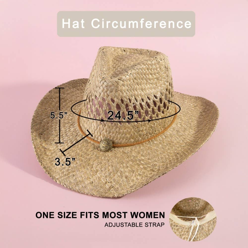 Straw Basket Rope Strap Western Cowboy Hat: NATURAL