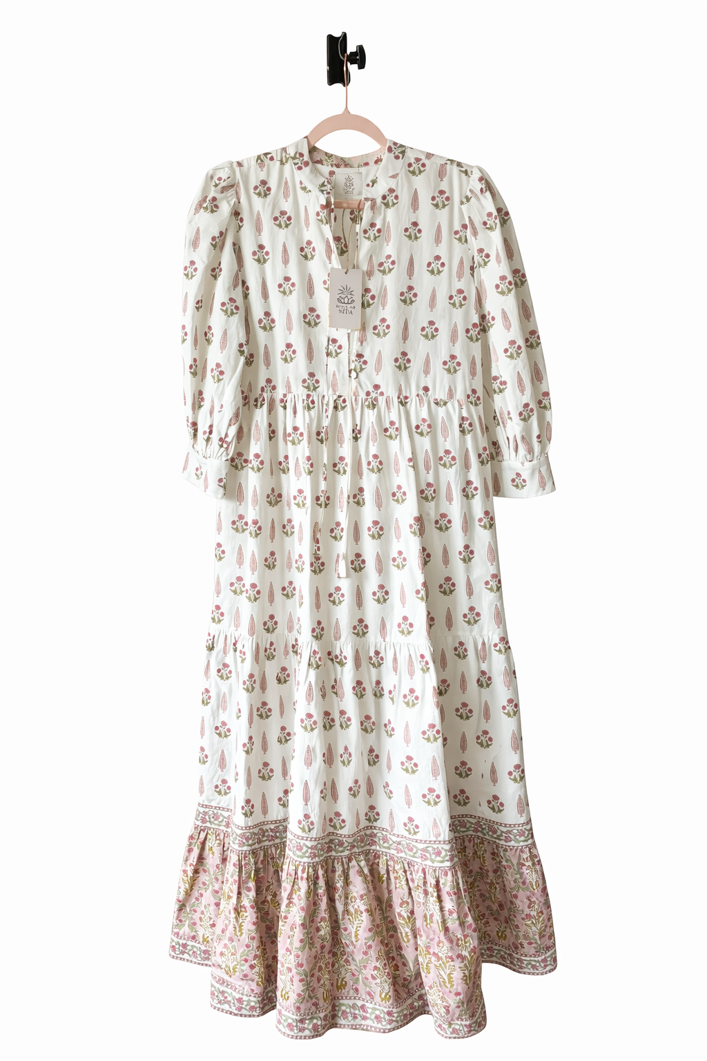 Soul Of Sita Lalita Cream Woodblock Print Maxi Dress 100% Cotton, Side Pockets And Border