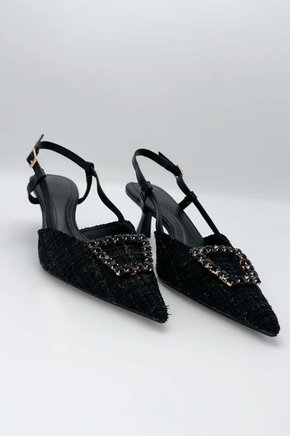 Miss Diva Black Clarrine Diamante Brooch Detail Pointed Toe Court Shoes