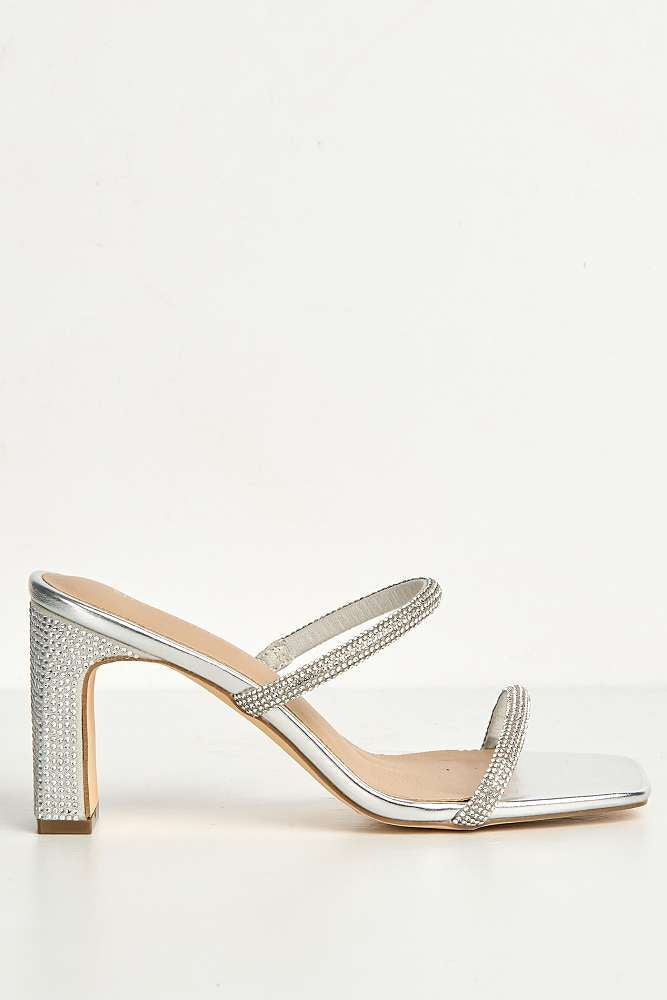 Pia 2 Diamante Strap & Flare Heel Mules in Silver