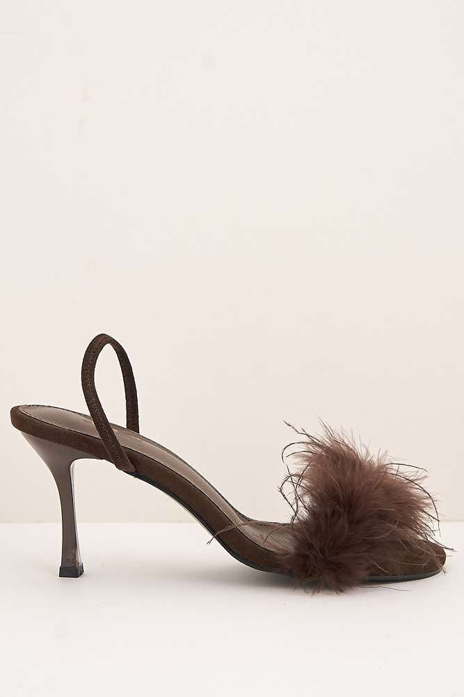 Margot Feathered Trim Band Slingback Heeled Sandals in Brown