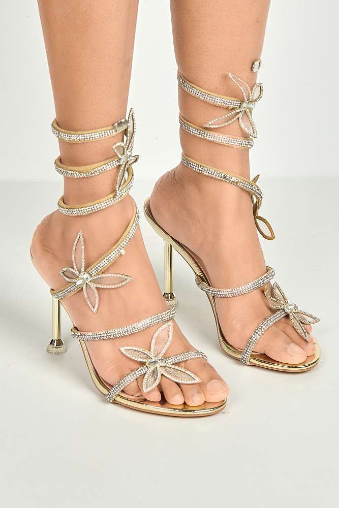 Miss Diva Gold Toki Butterfly Detail Diamante Heels
