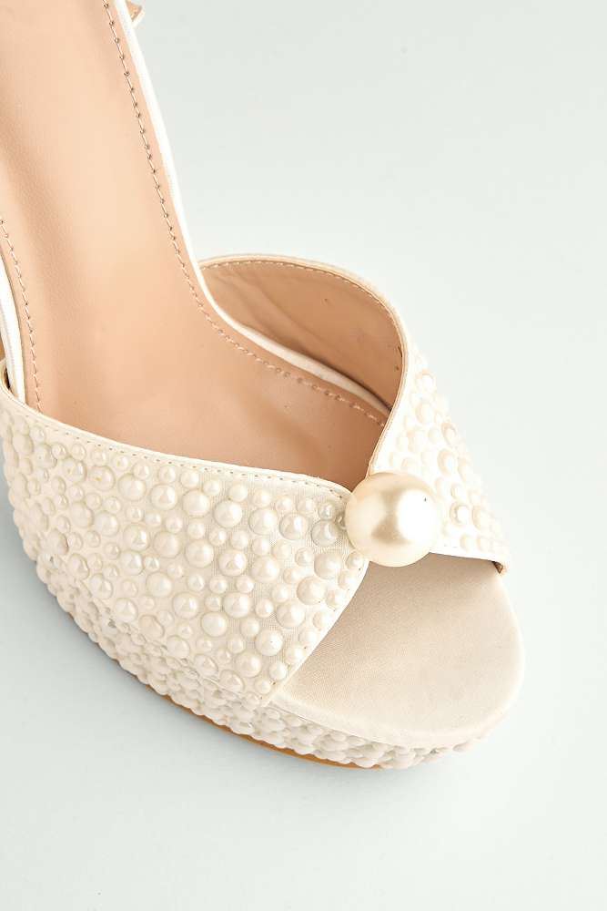 Amora Pearl Embellished Block Heel Anklestrap Sandals in White