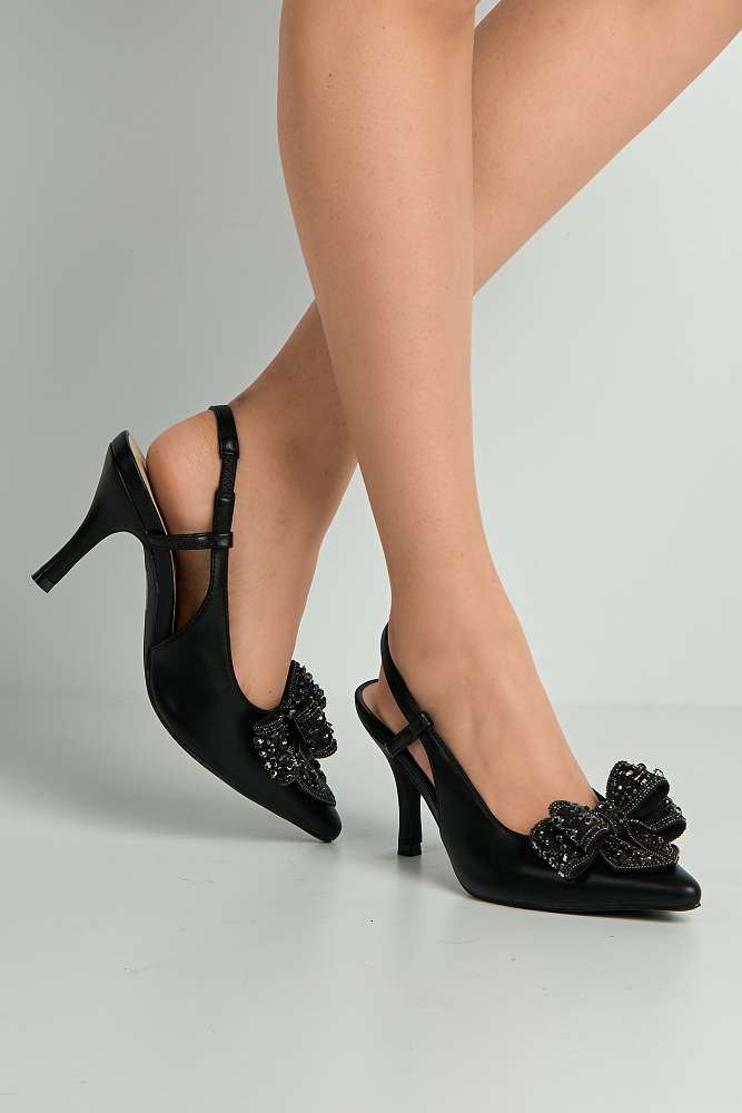 Celia Diamante Bow Pointed Toe Slingback Court Shoes in Black
