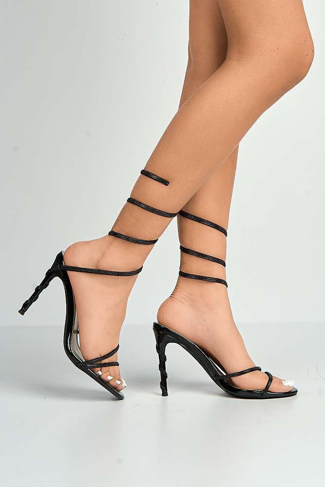 Curly Diamante Embellished Spiral Ankle Strap Sandals in Black Diamante