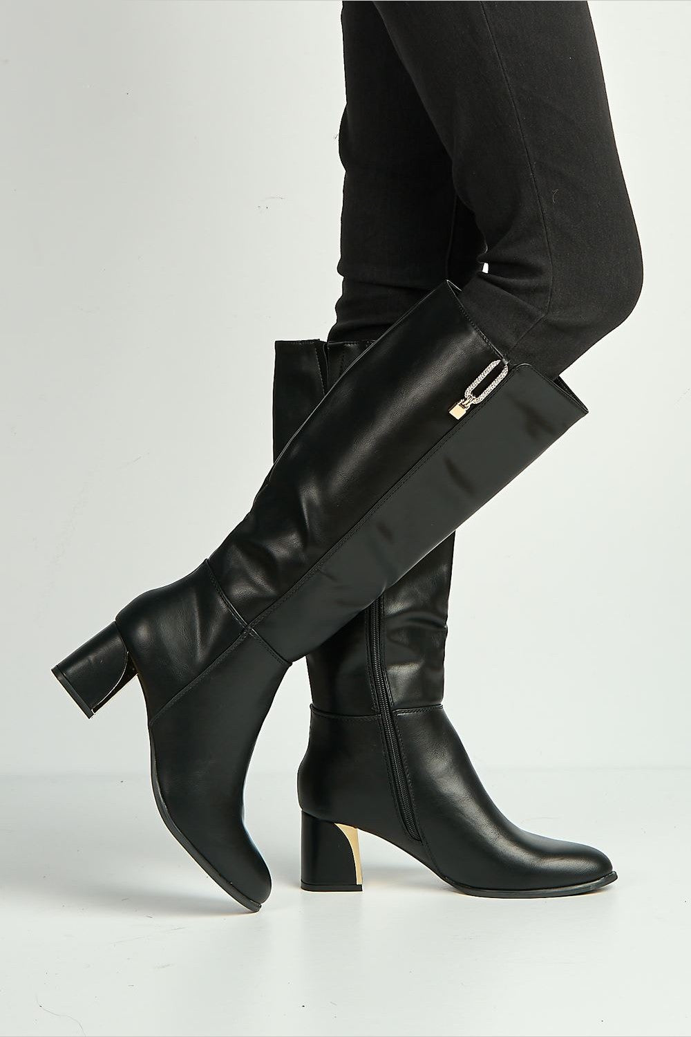 Vera Diamante Detail Gold Trim Knee High Boots in Black
