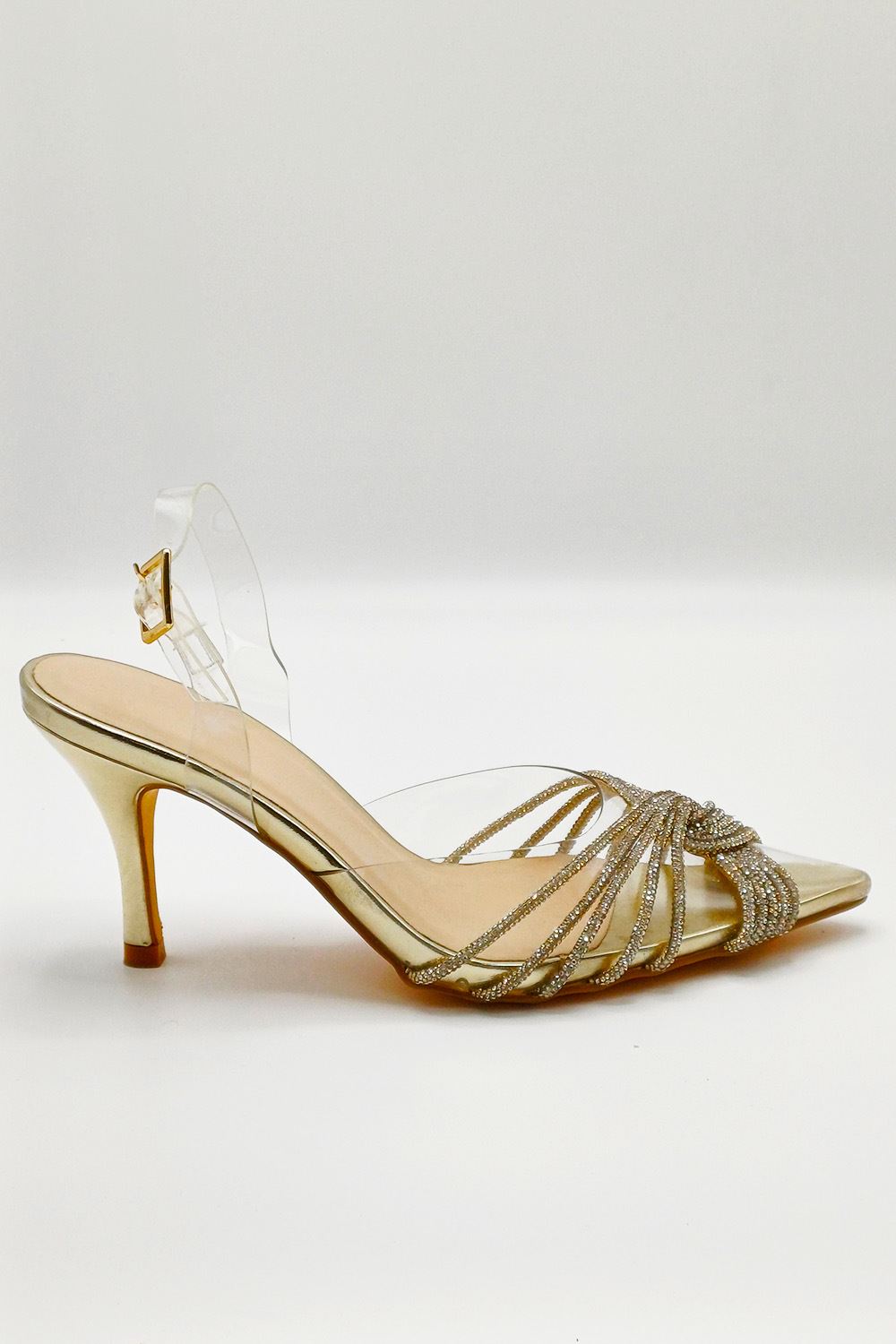 Liz Diamante Embellished Sling Back Perspex Court Shoes in Gold
