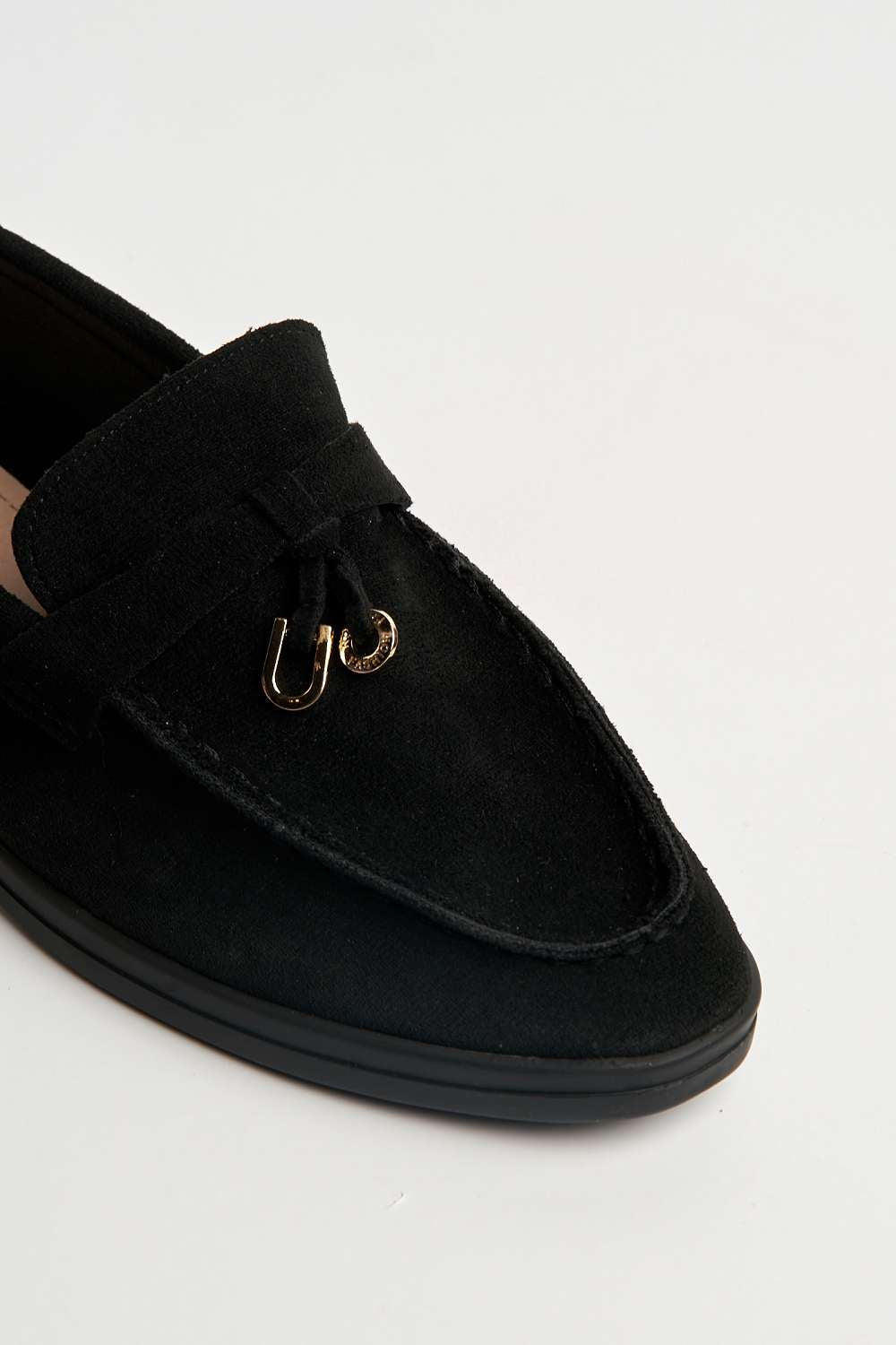 Miss Diva Tonya Charm Detail Slip-On Faux Suede Loafers in Black