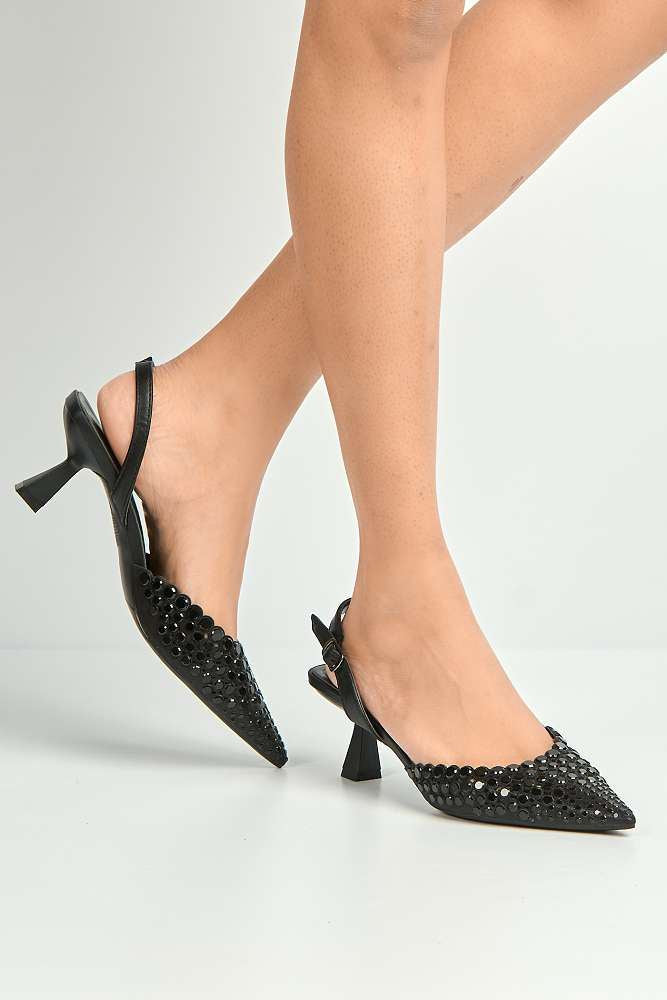 Giovanna Mirror Encrusted Slingback Court Shoes in Black